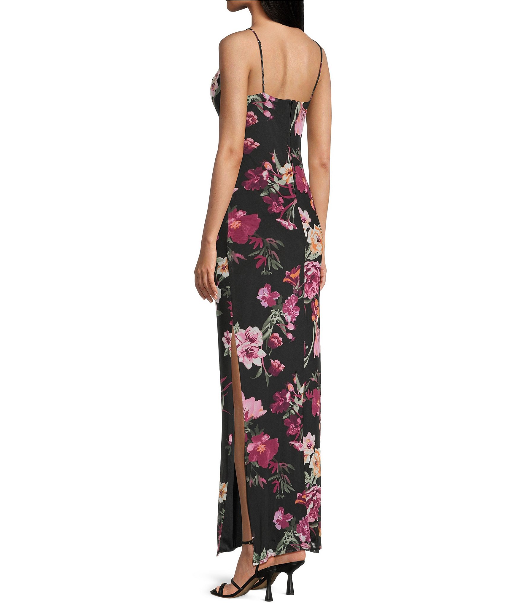 B. Darlin Floral Print Mesh Cowl Neck Side Slit Maxi Dress