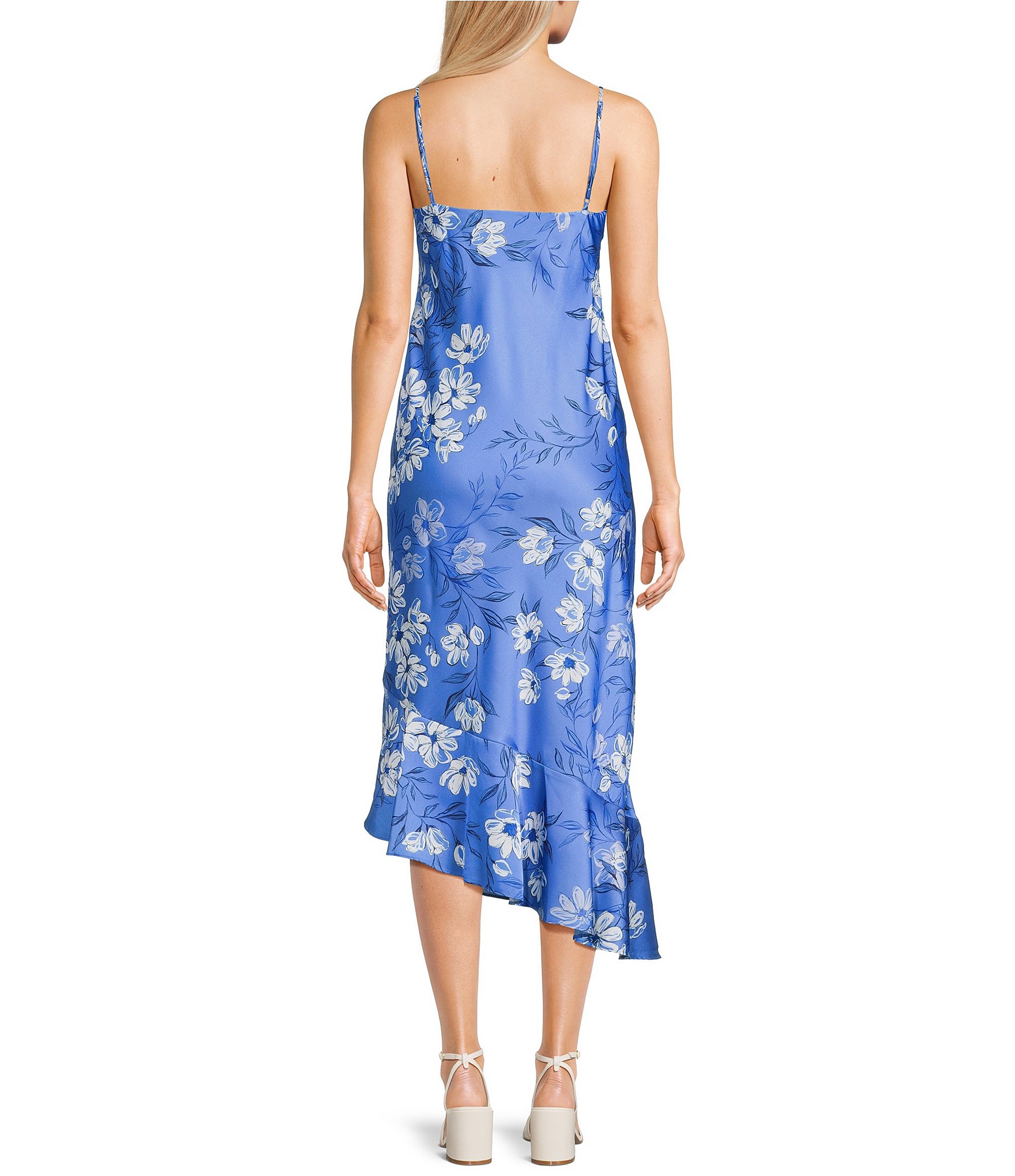 B. Darlin Floral Print Satin V-Neck Tie Front Asymmetrical Ruffle Hem Midi Dress
