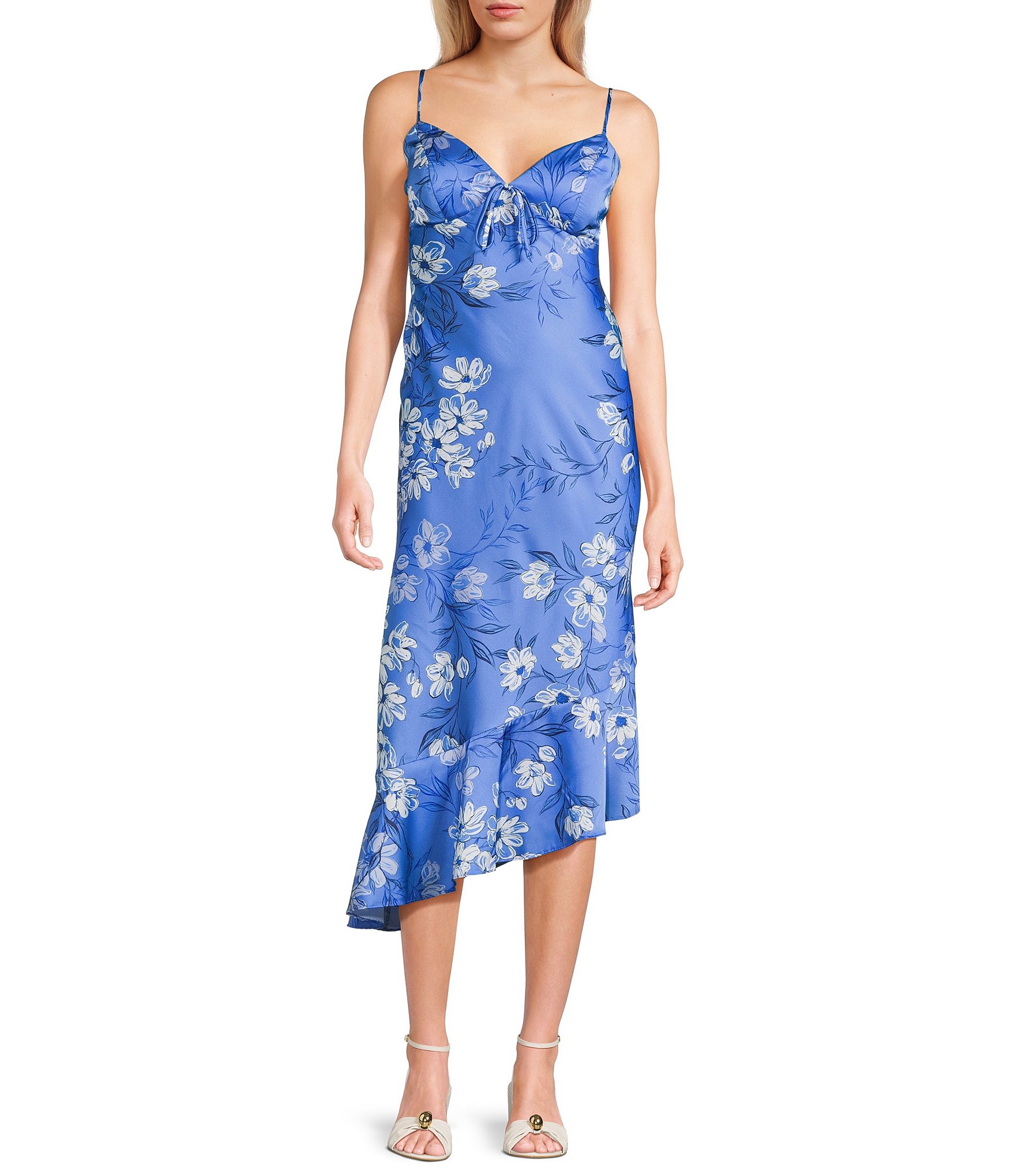 B. Darlin Floral Print Satin V-Neck Tie Front Asymmetrical Ruffle Hem Midi Dress