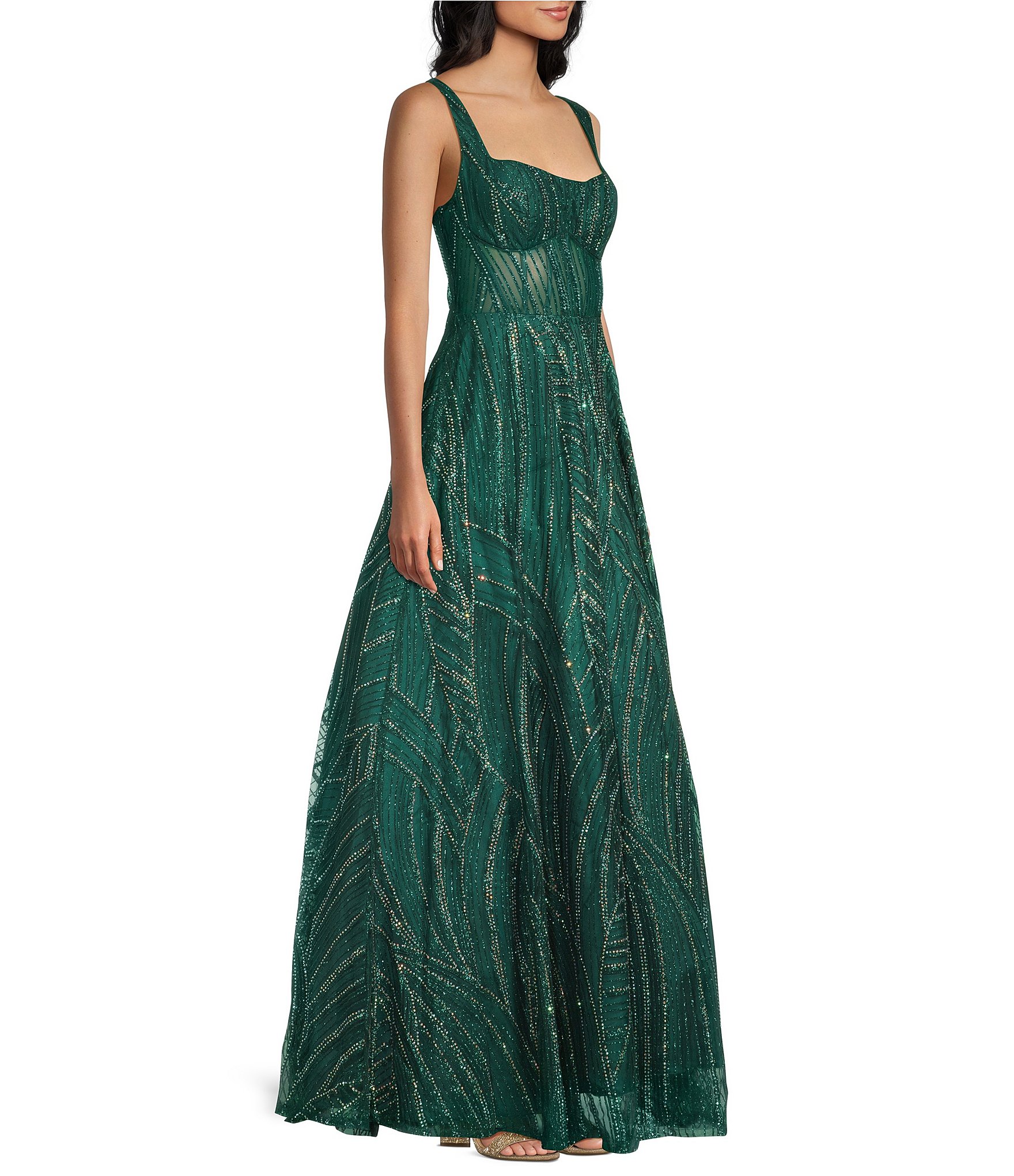 B. Darlin Glitter Accented Square Neck Illusion Bodice Long Dress