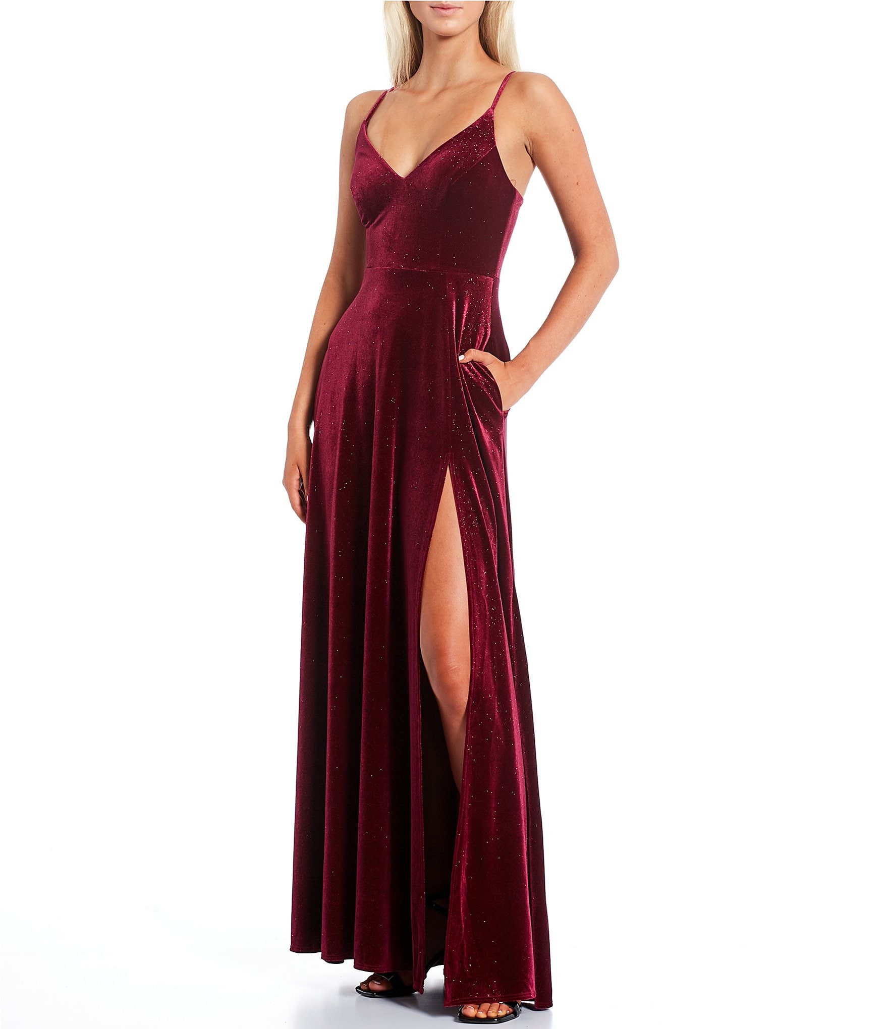 B. Darlin Glitter Velvet V-Neck Front Slit Long Dress | Dillard's