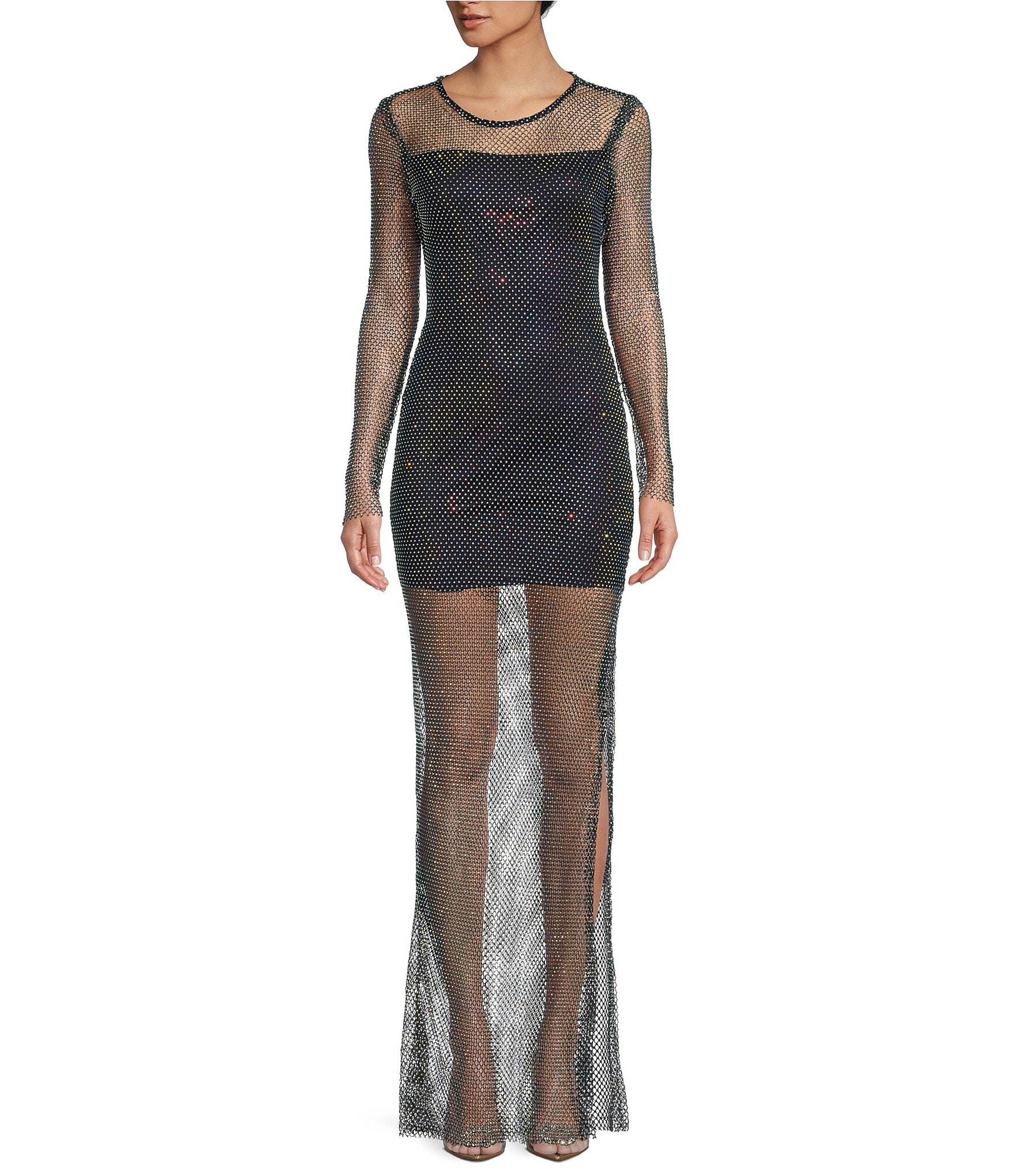 B. Darlin Long Sleeve Rhinestone Mesh Side Slit Long Dress | Dillard's