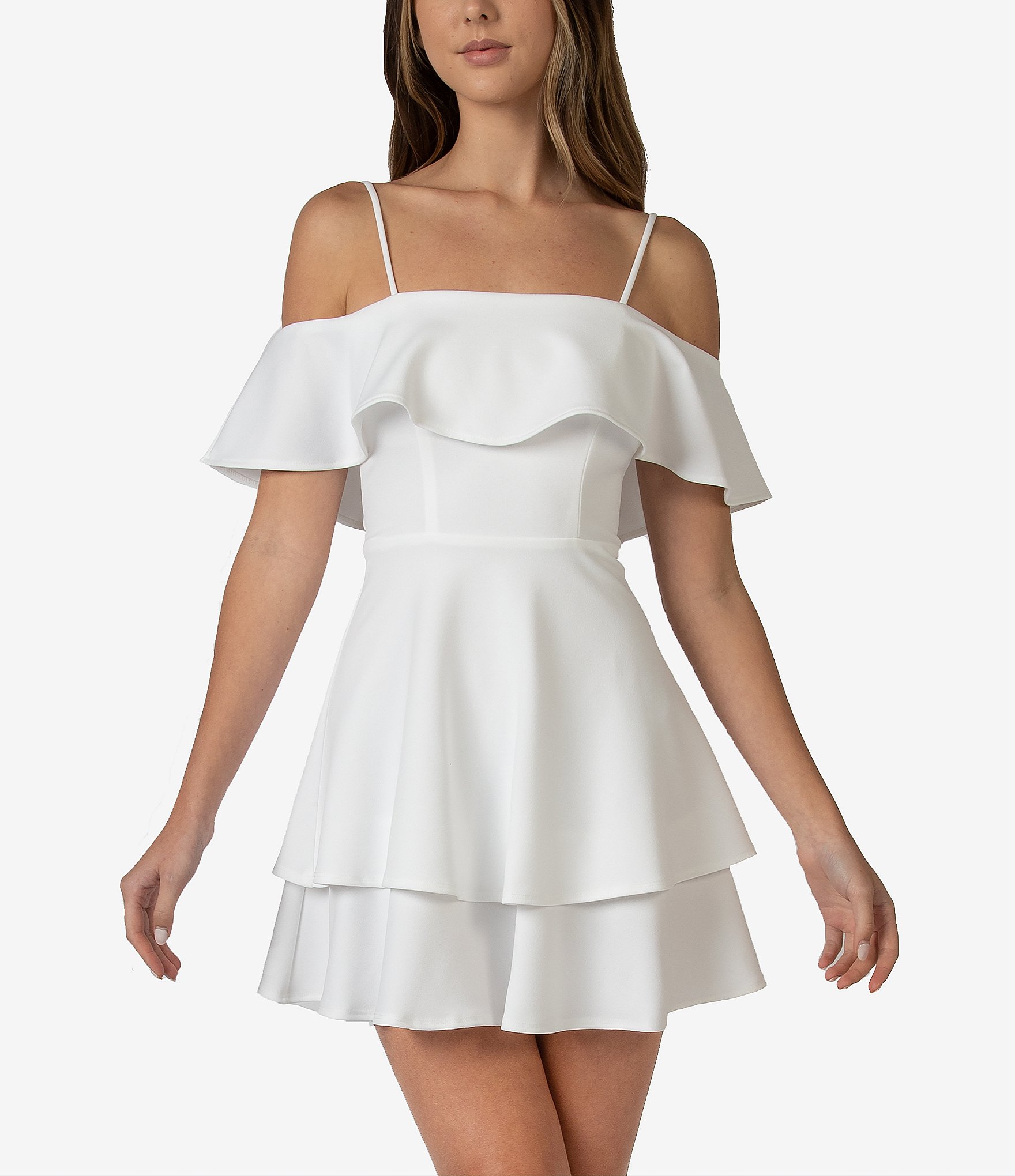 B. Darlin Off-The-Shoulder Popover Double Hem Skater Dress