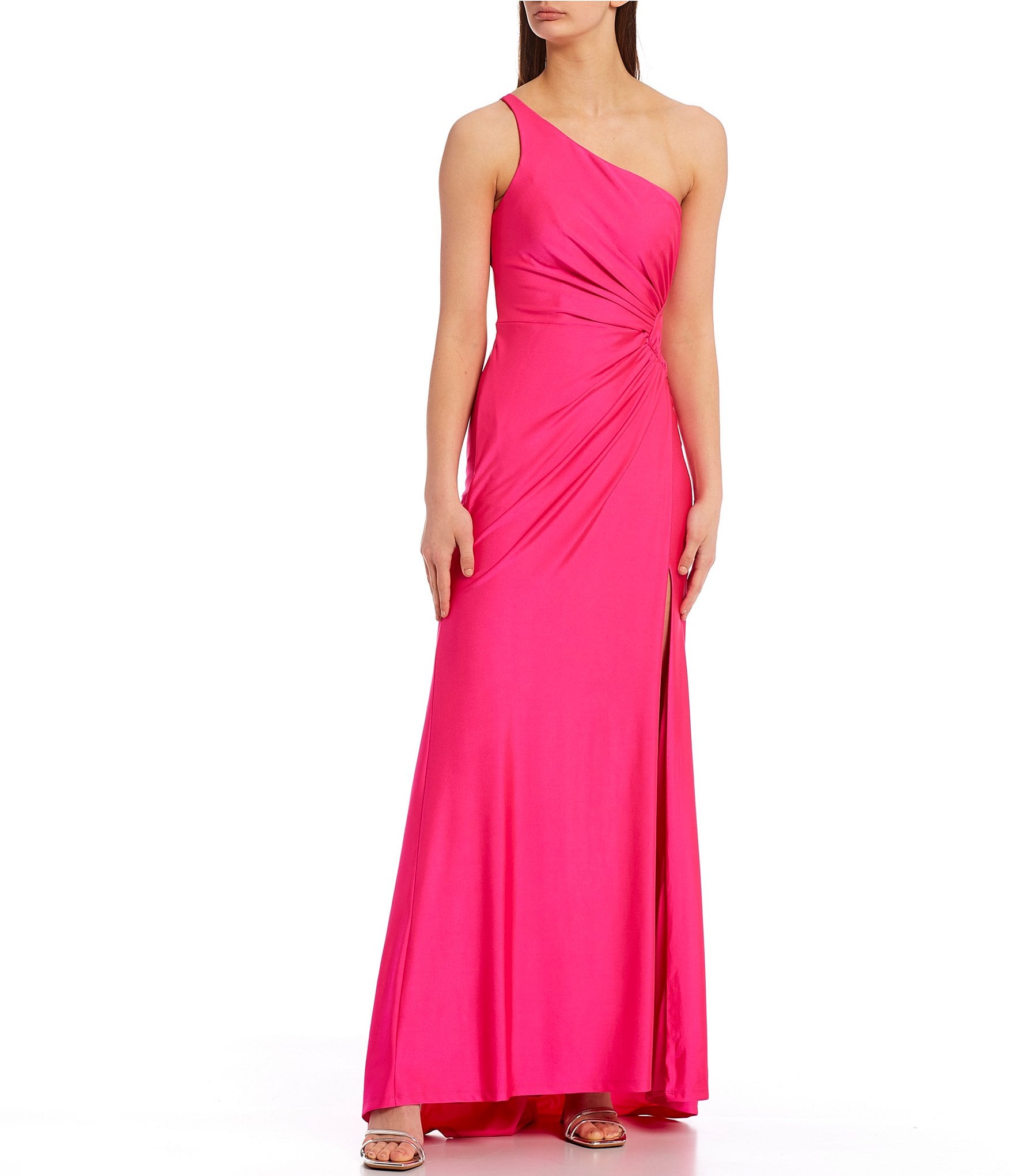 B. Darlin One Shoulder Ruched Side Slit Long Dress | Dillard's