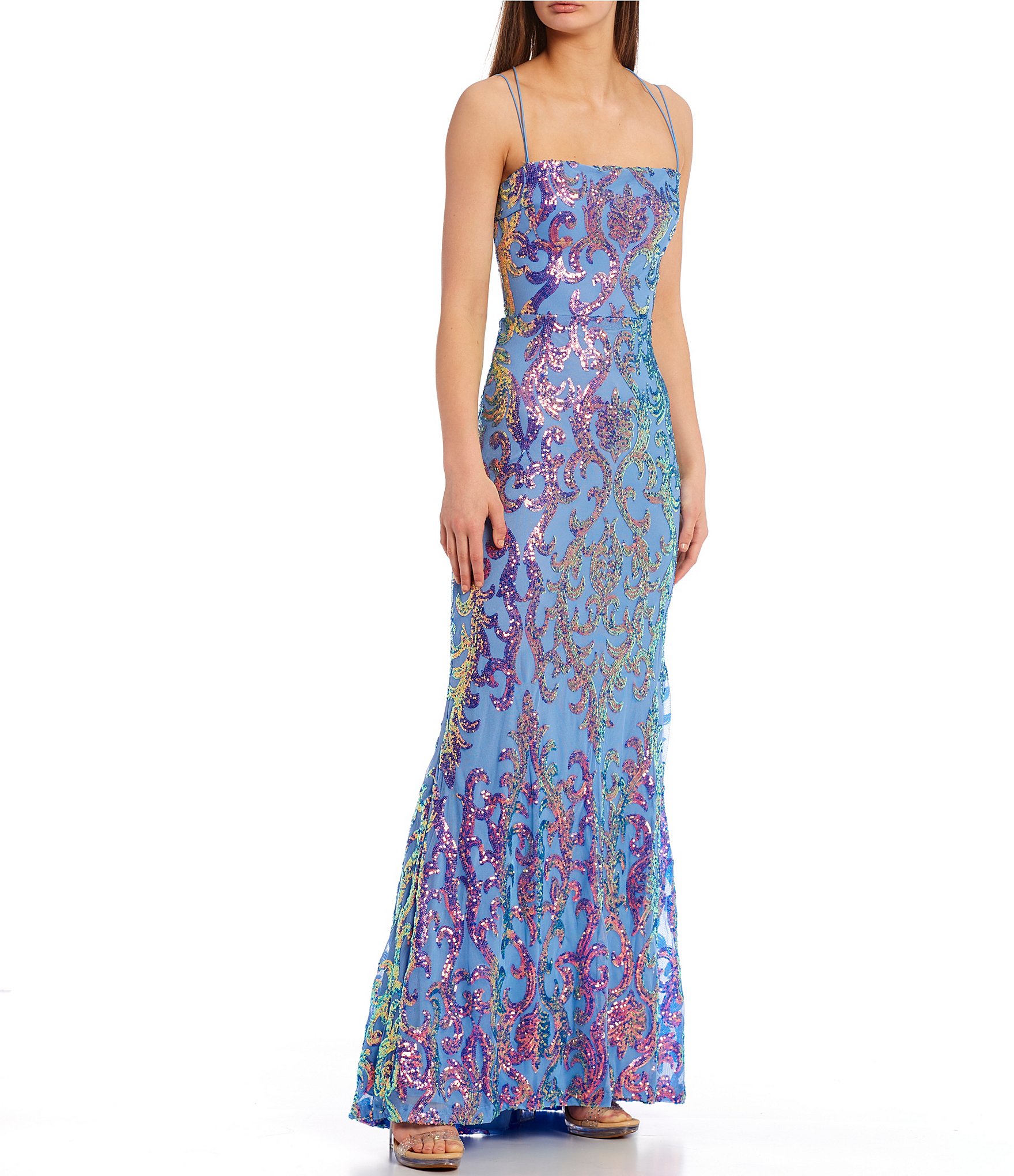 B. Darlin Pattern Sequin Bungee Strappy Back Long Dress | Dillard's