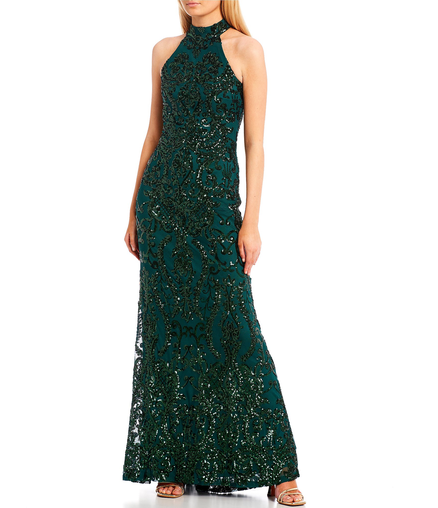 B. Darlin Pattern Sequin Halter Neck Long Dress | Dillard's