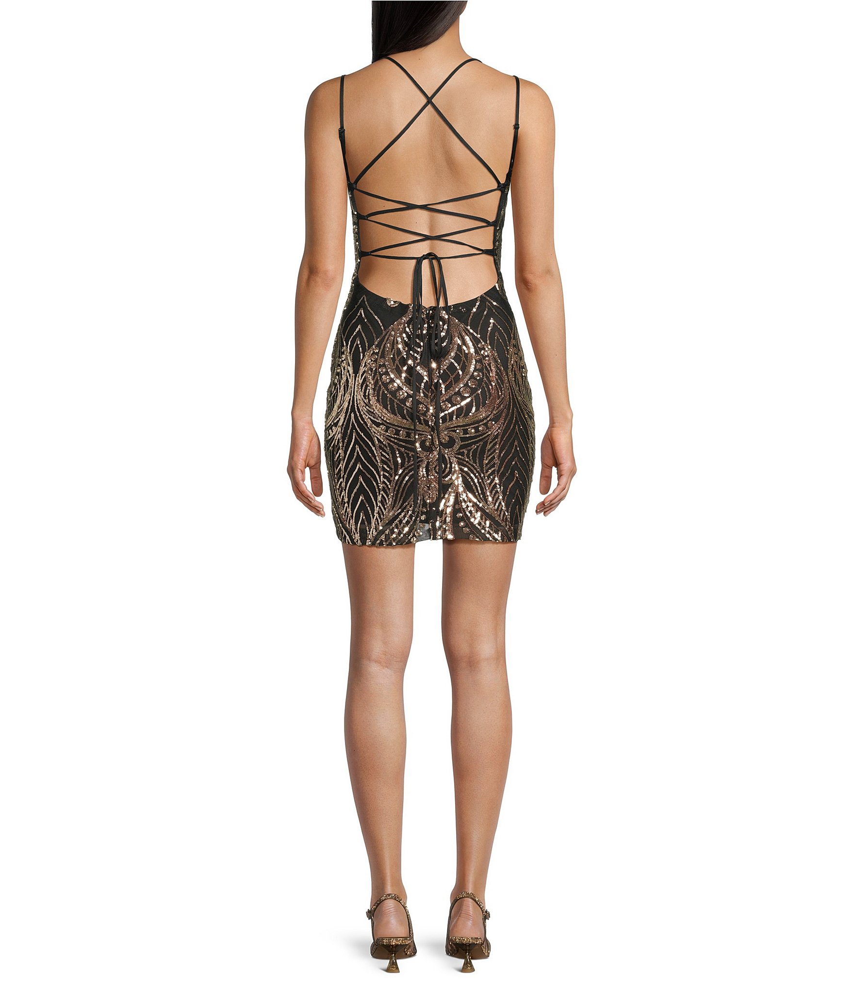 B. Darlin Patterned Sequin Scoop Neck Lace Up Back Bodycon Dress