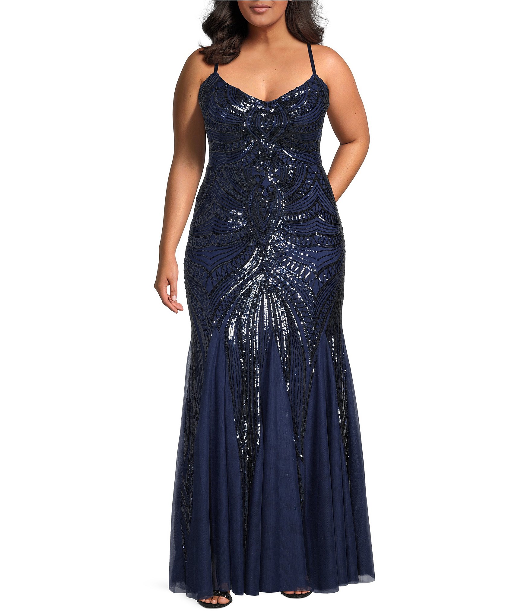 sachin and babi light blue dress Mermaid Spaghetti Straps Navy Blue Lace Evening Dress JTA6071 main image 0