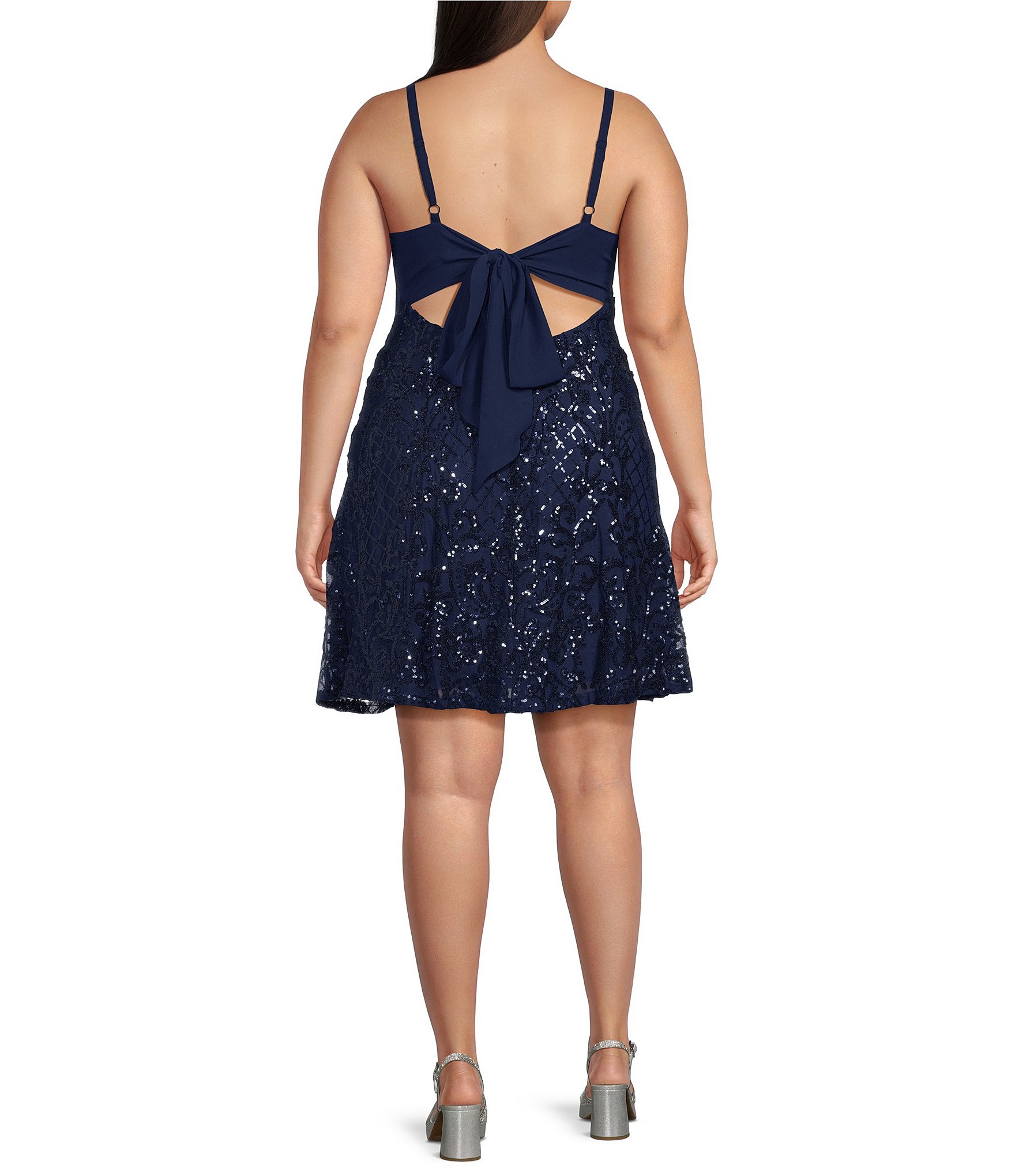 B. Darlin Plus Size Patterned Sequin Sweetheart Neck Tie Back Dress