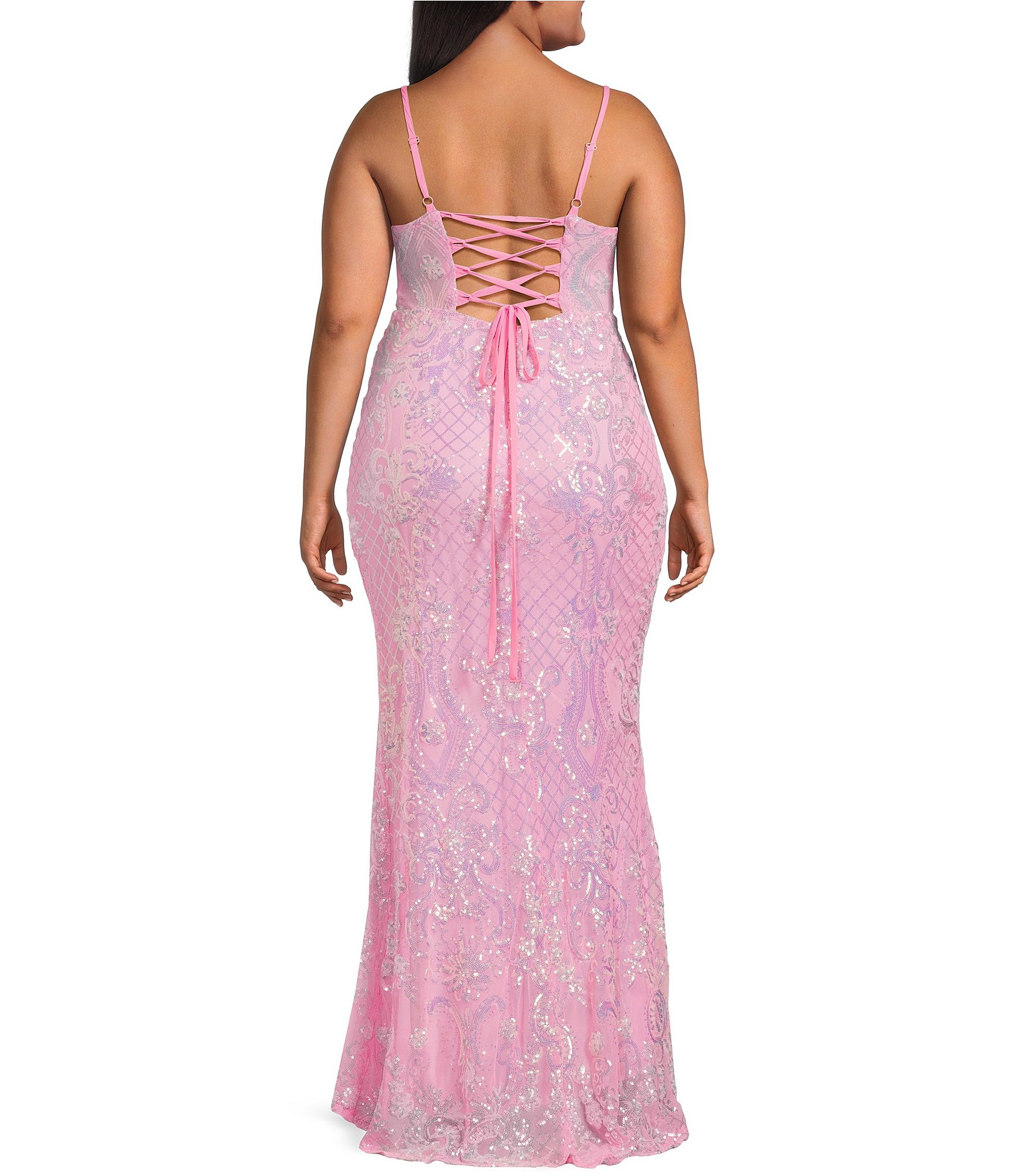 B. Darlin Plus Size Sequin Pattern Scoop Neck Spaghetti Strap Side Slit Dress