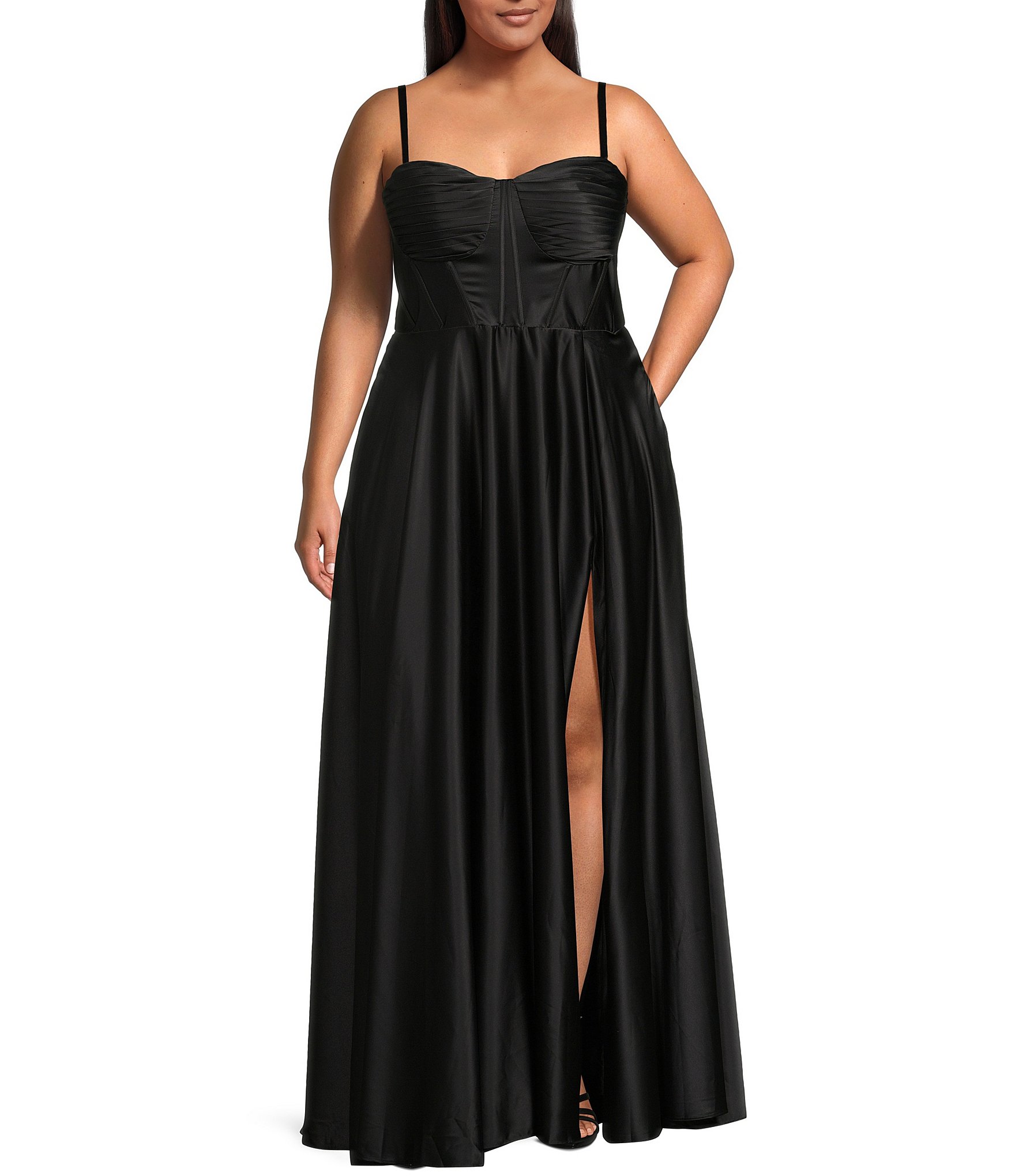 Marina Plus Size Boat Neck Long Beaded Sleeve Elastic Cuff Back Slit Matte  Jersey Gown