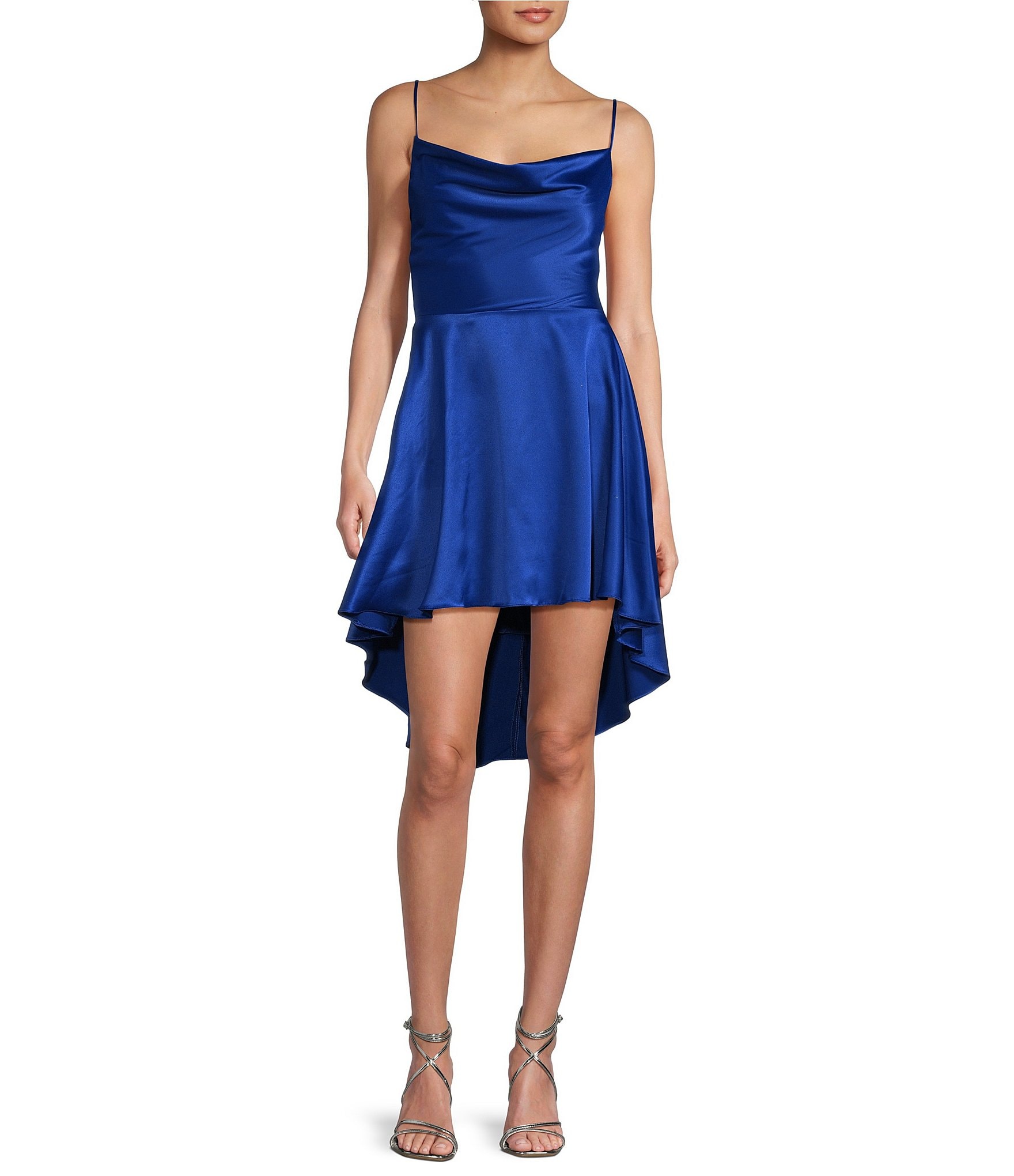 B. Darlin Satin Cowl Neck Lace-Up Back Hi-Low Fit & Flare Dress | Dillard's