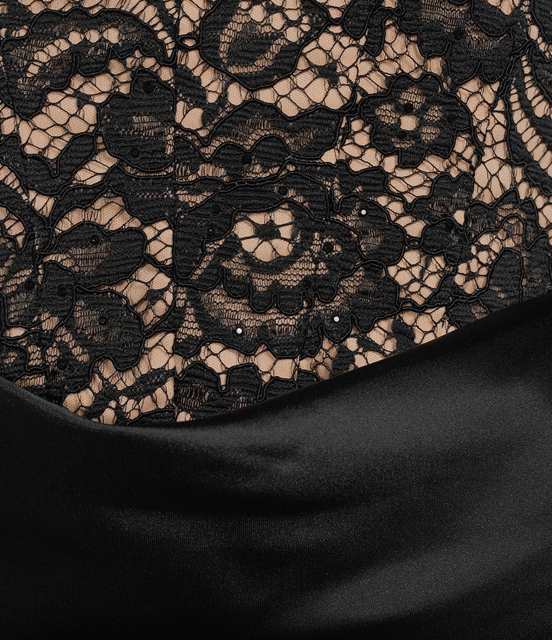 B. Darlin Satin Lace Patterned Strapless Corseted Drape Neck Dress