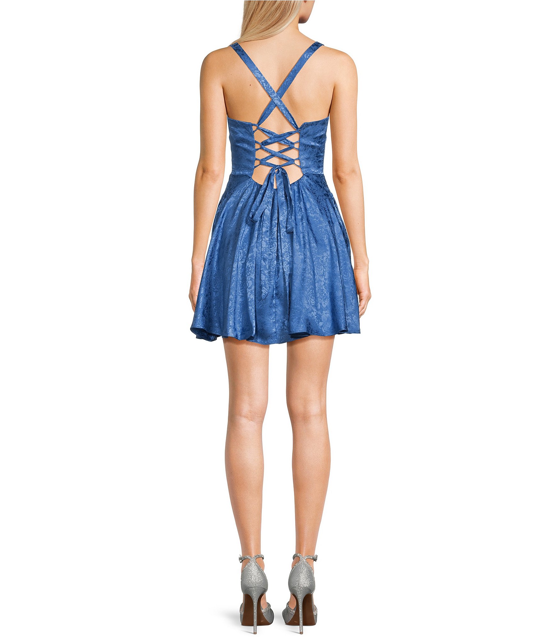 B. Darlin Satin Lace-Up Back Fit & Flare Dress