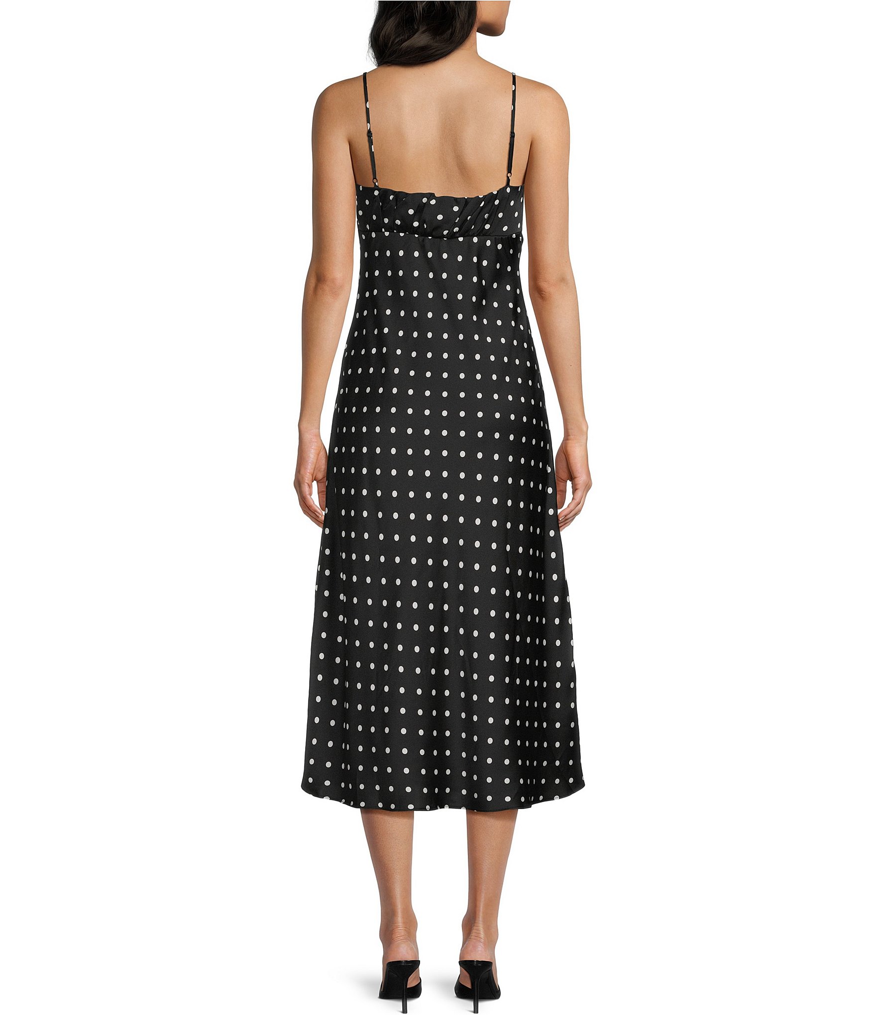 B. Darlin Satin Polka Dot Scoop Neck Tie Front Midi Dress