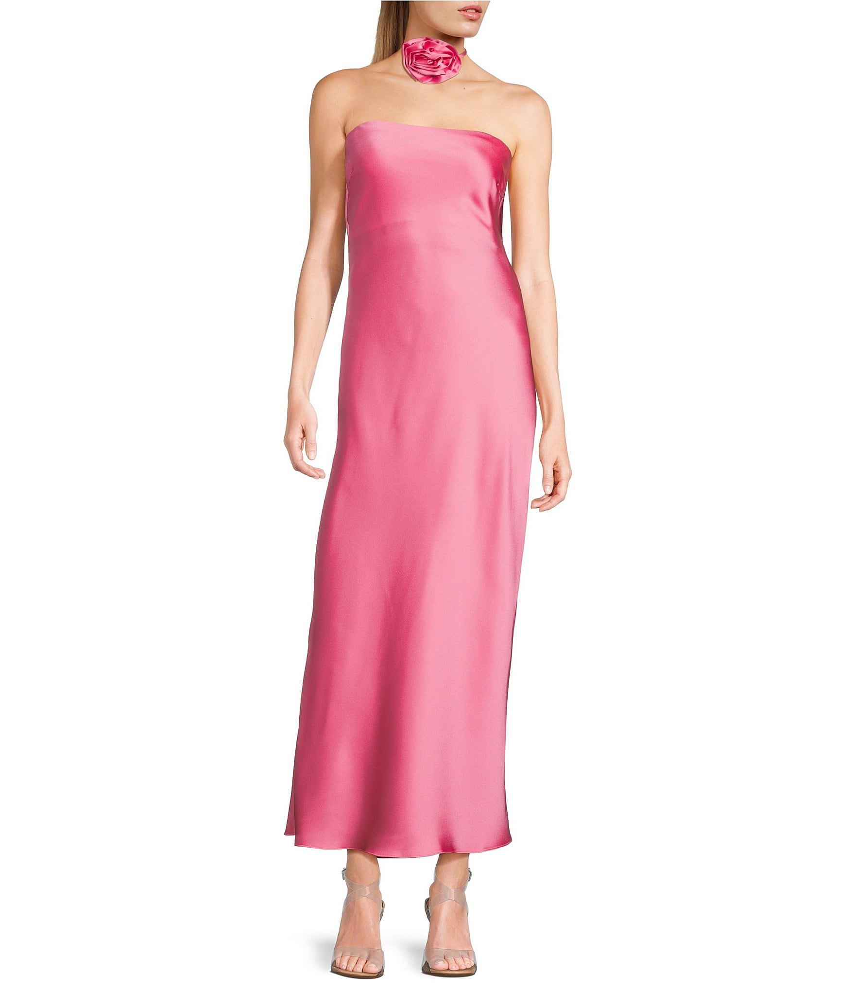 B. Darlin Satin Strapless Rosette Long Dress | Dillard's
