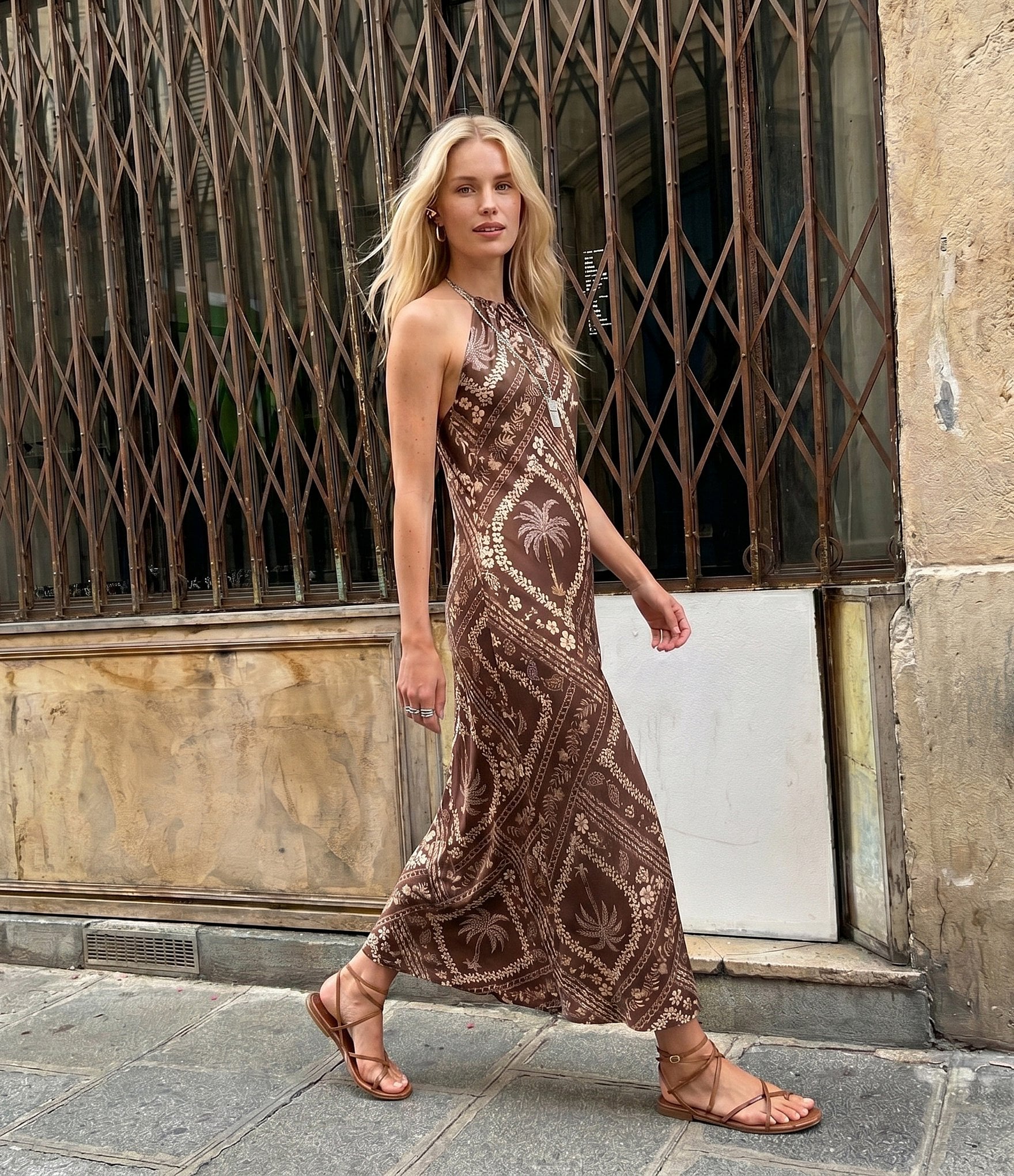 B. Darlin Scarf Palm Printed Halter Maxi Dress