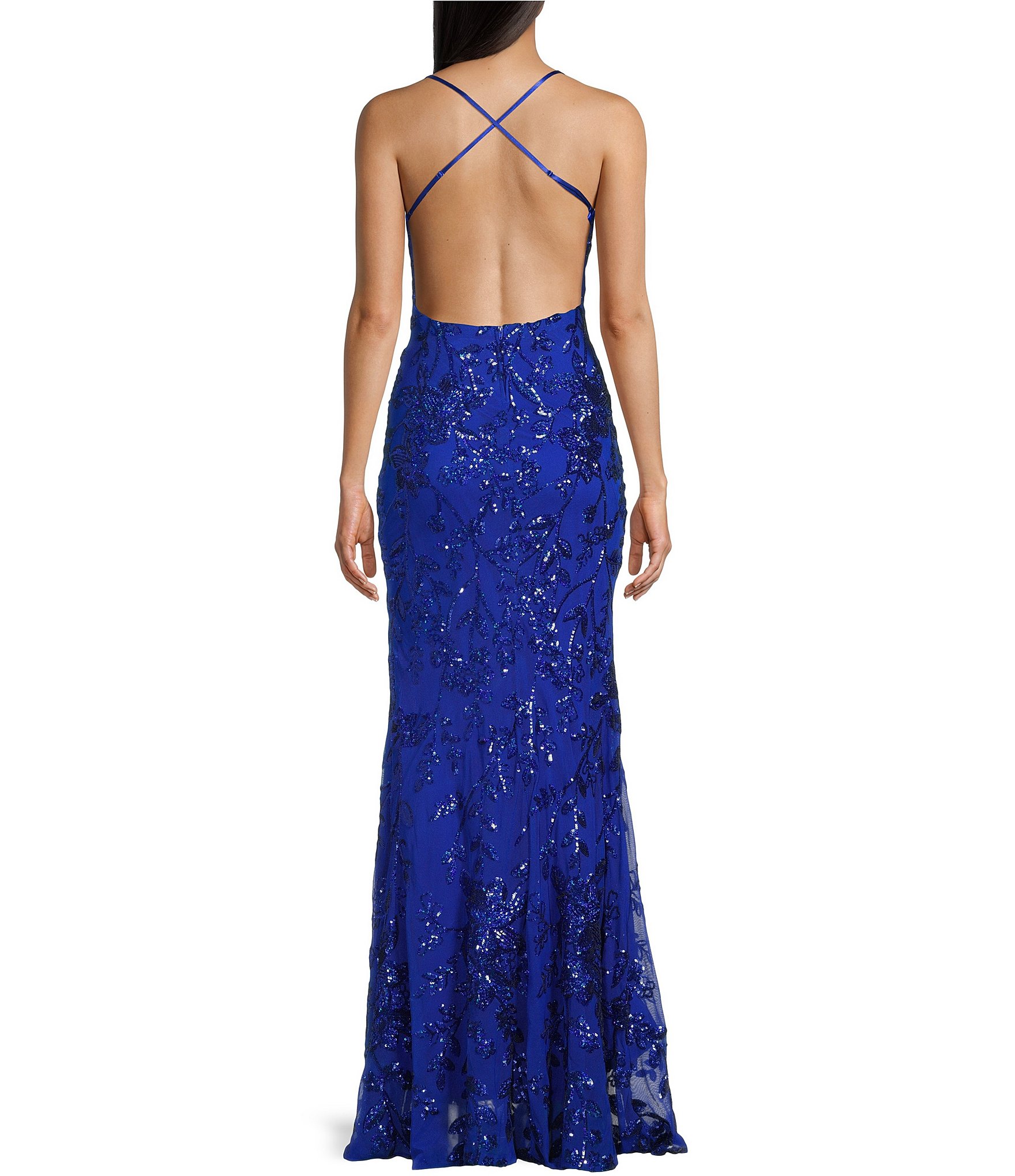 B. Darlin Sequin Floral Patterned Scoop Neck Criss Cross Back Dress