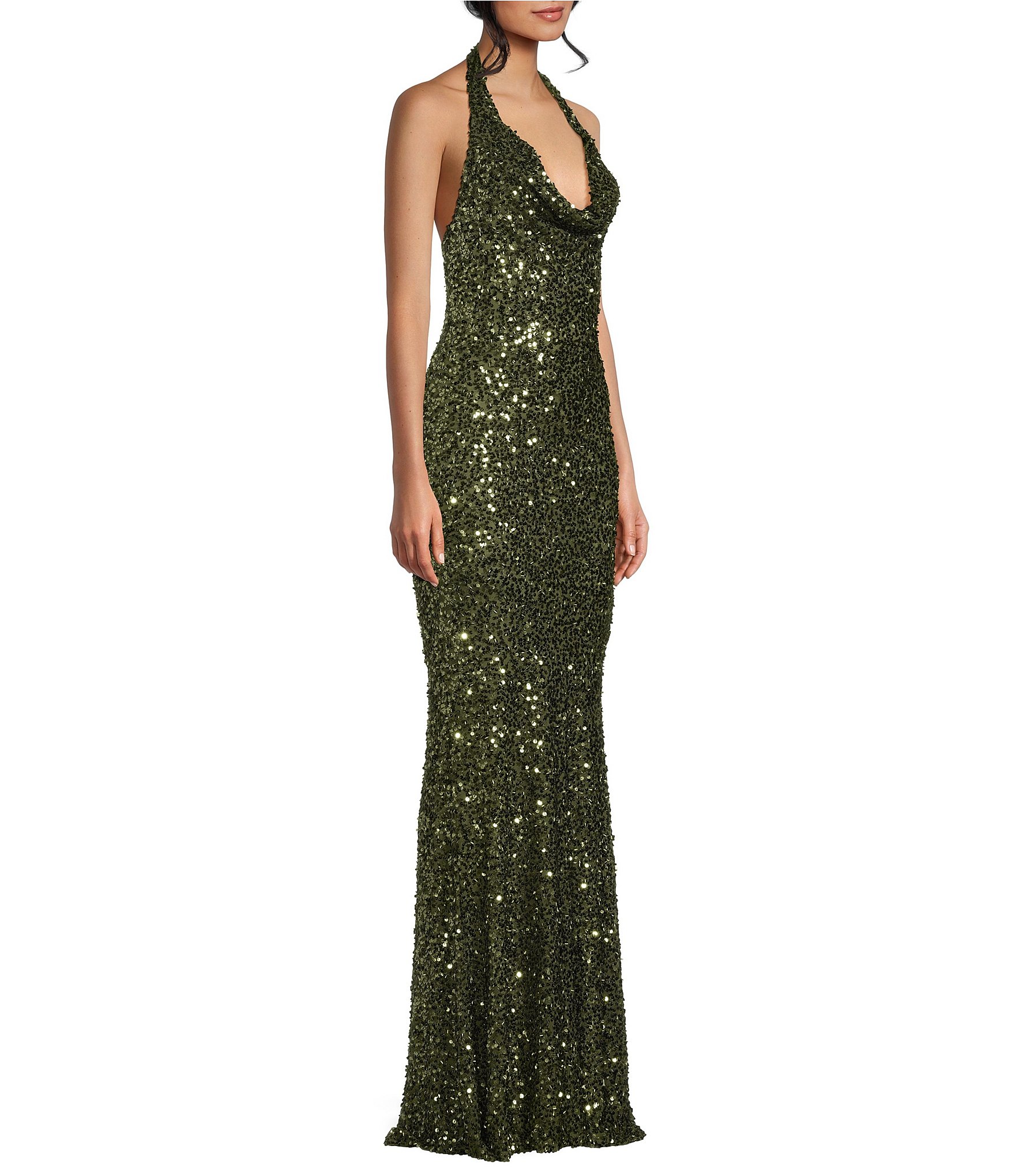 B. Darlin Sequin Halter Cowl Neck Fitted Dress