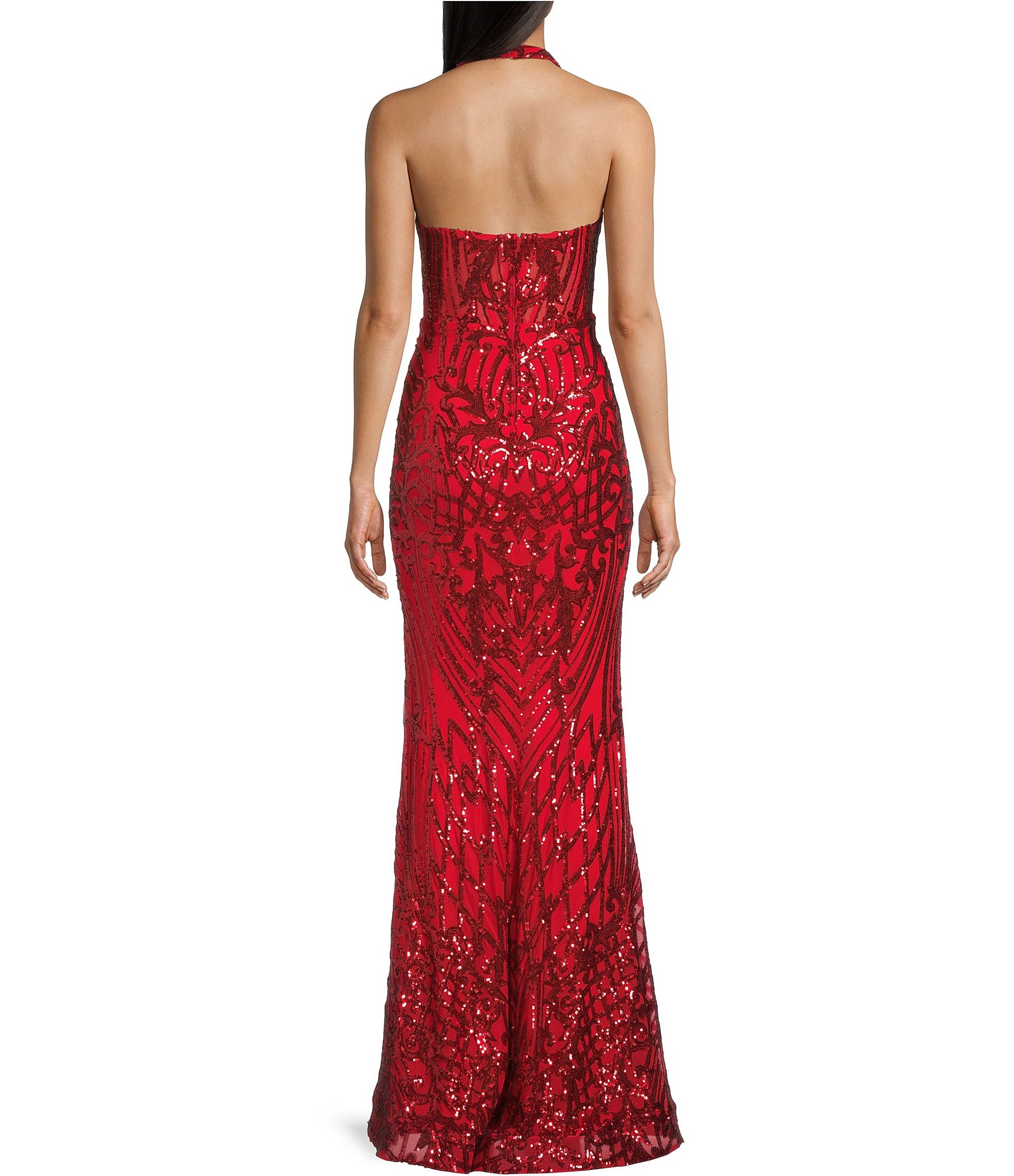 B. Darlin Sequin Pattern Halter V-Neck Contrast Inset Dress