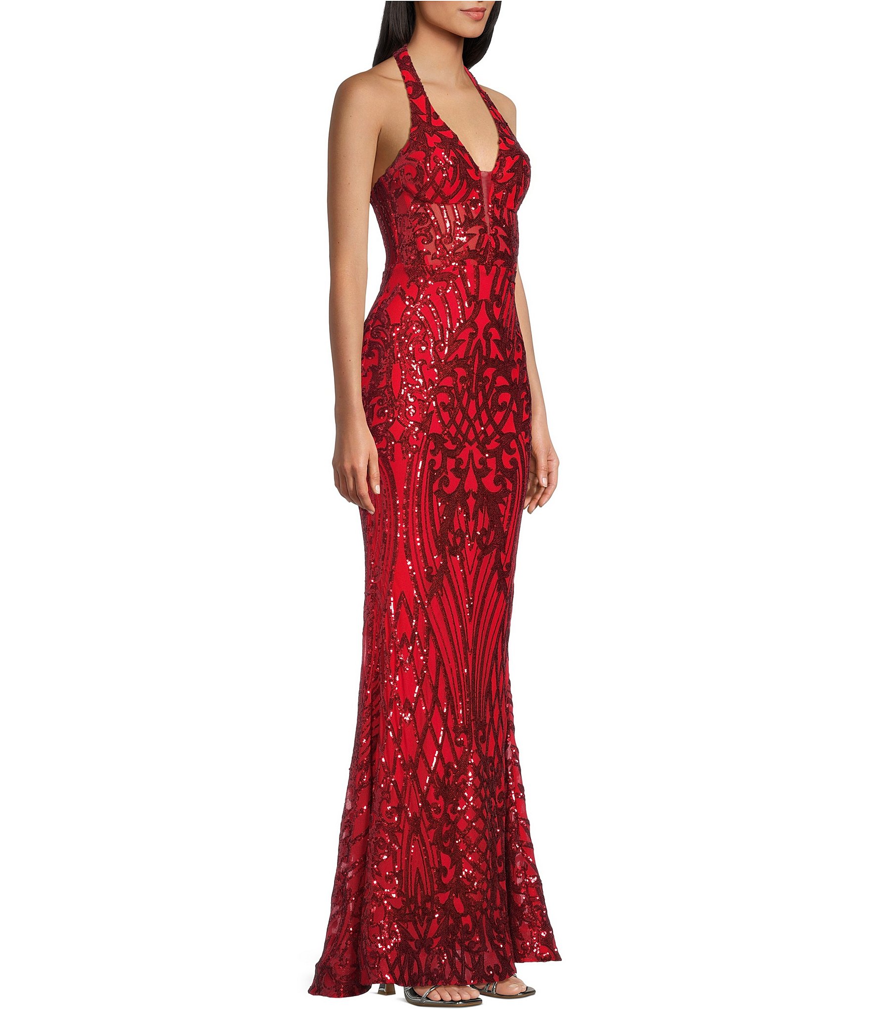 B. Darlin Sequin Pattern Halter V-Neck Contrast Inset Dress