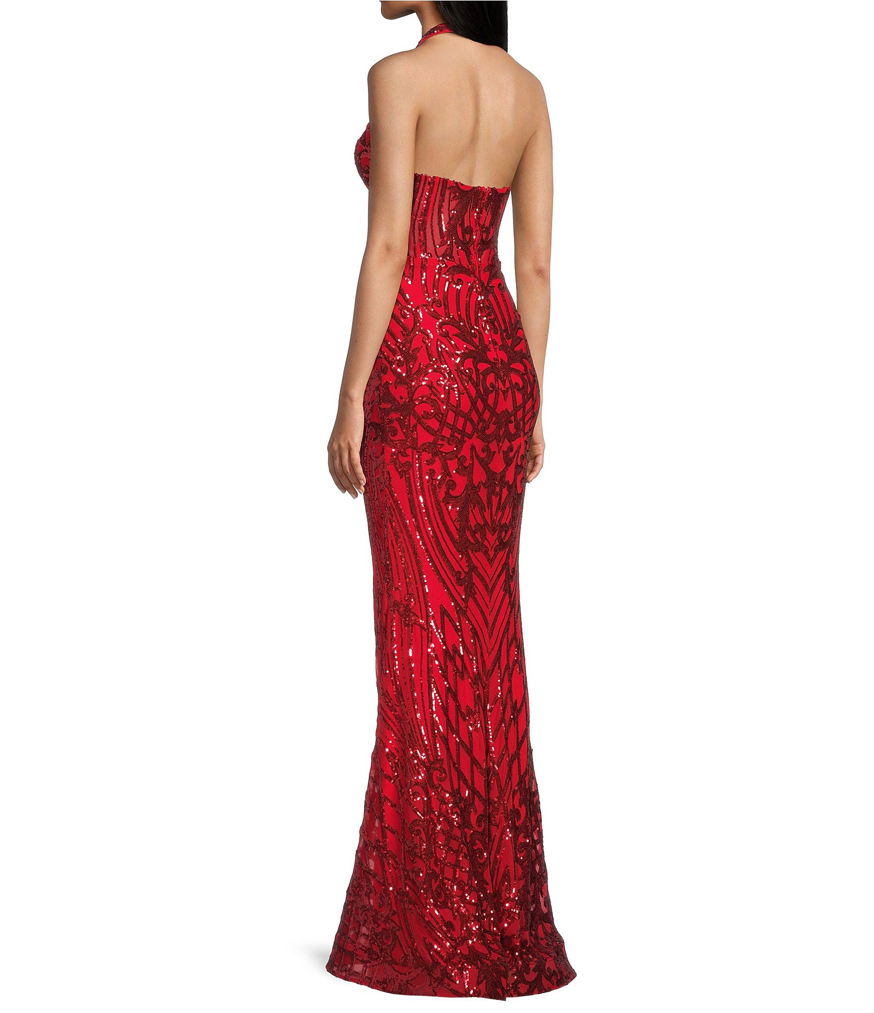 B. Darlin Sequin Pattern Halter V-Neck Contrast Inset Dress