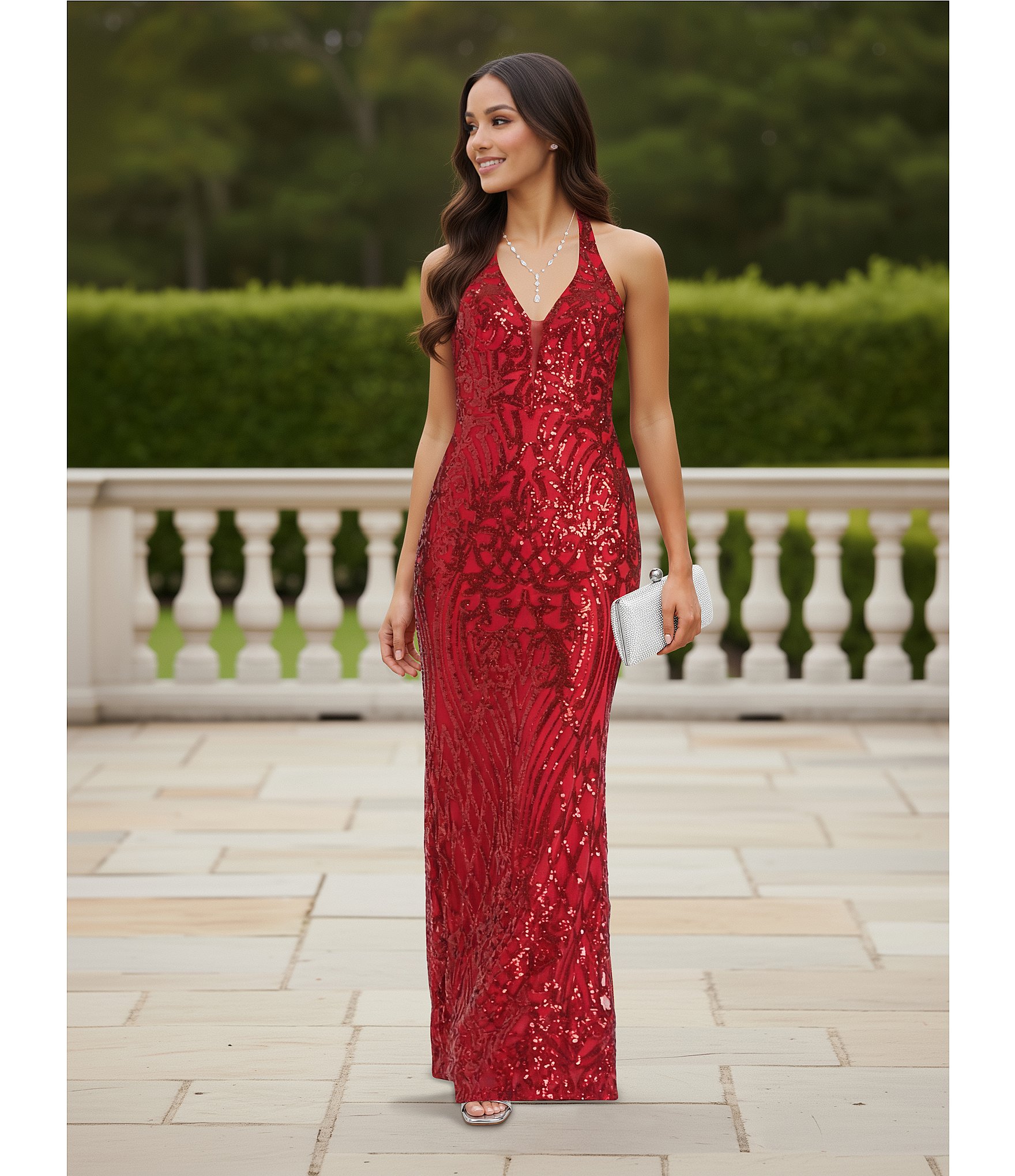 B. Darlin Sequin Pattern Halter V-Neck Contrast Inset Dress