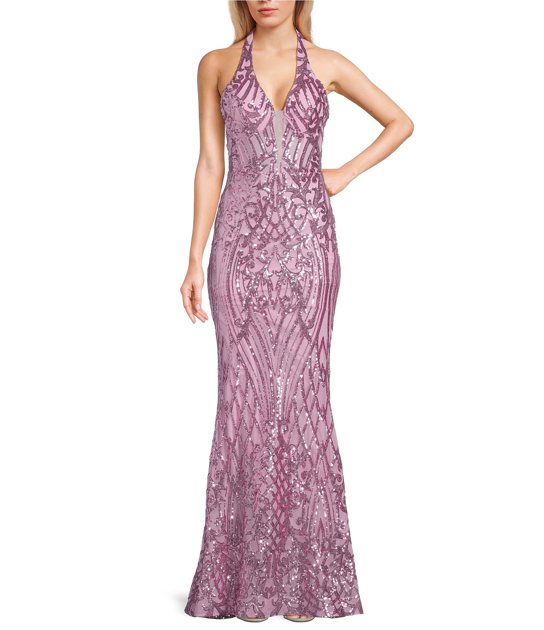 B. Darlin Sequin Pattern Halter V-Neck Contrast Inset Dress