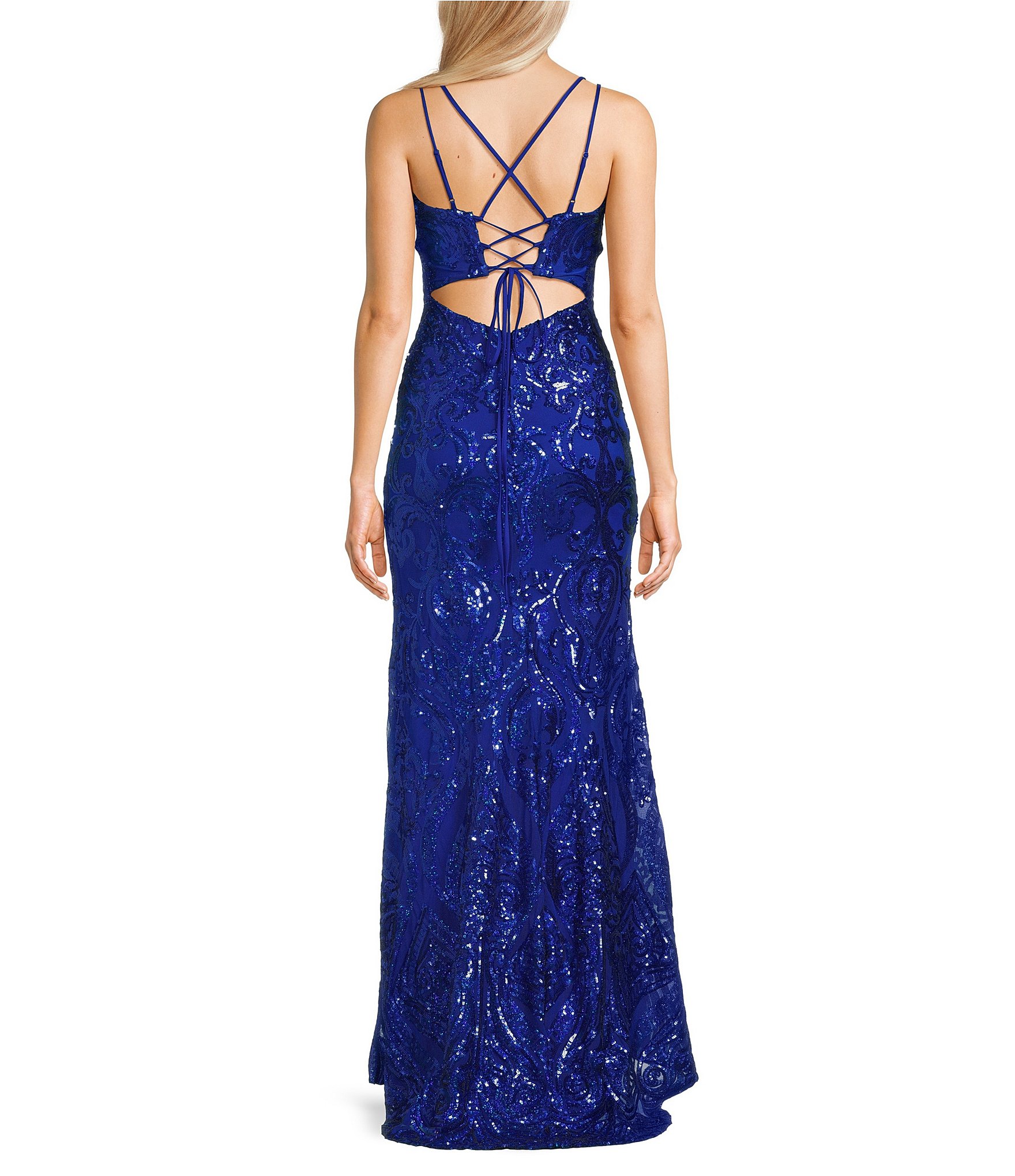 B. Darlin Sequin Pattern V-Neck Double Spaghetti Strap Lace Up Back Dress