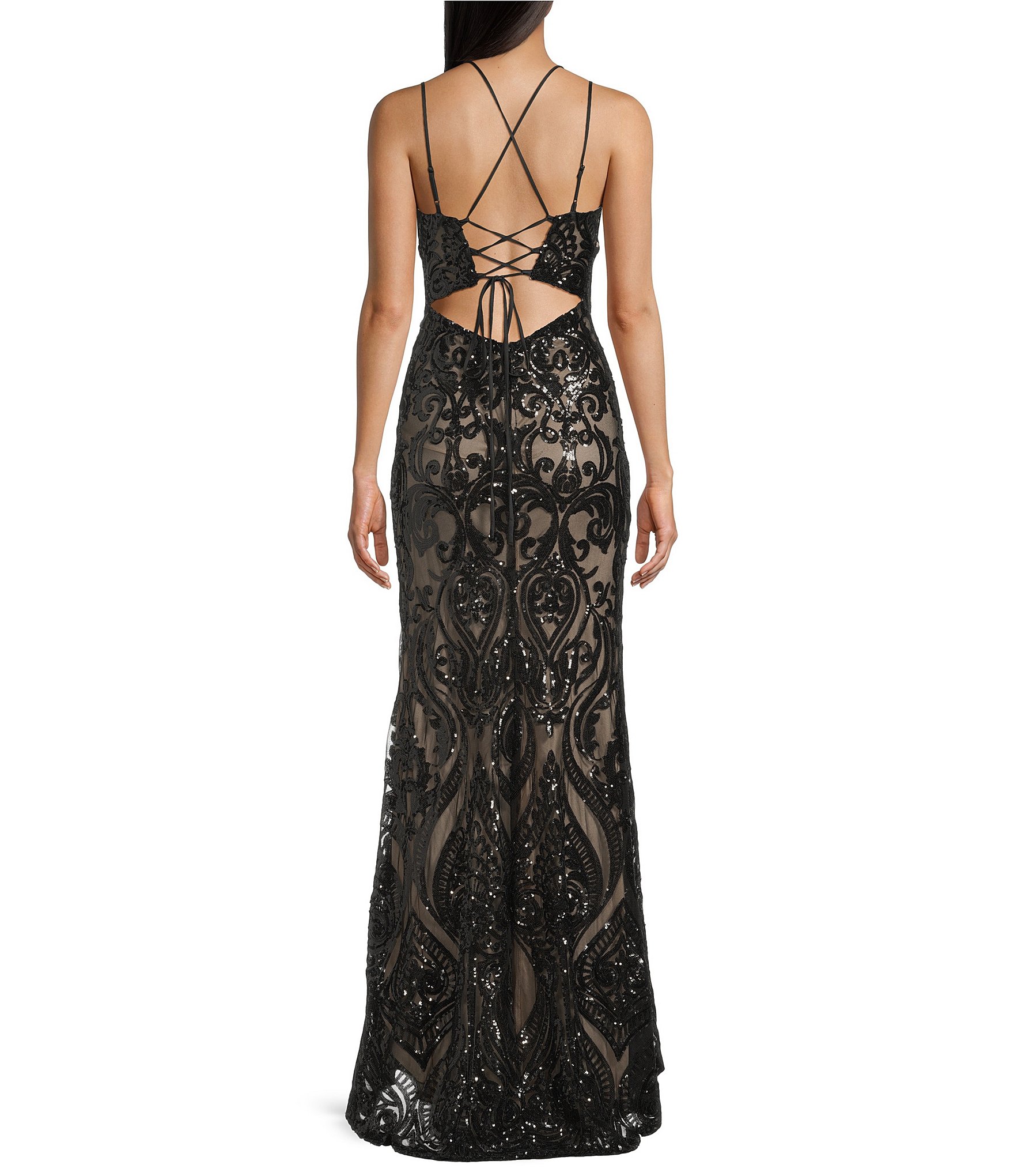 B. Darlin Sequin Pattern V-Neck Double Spaghetti Strap Lace Up Back Dress