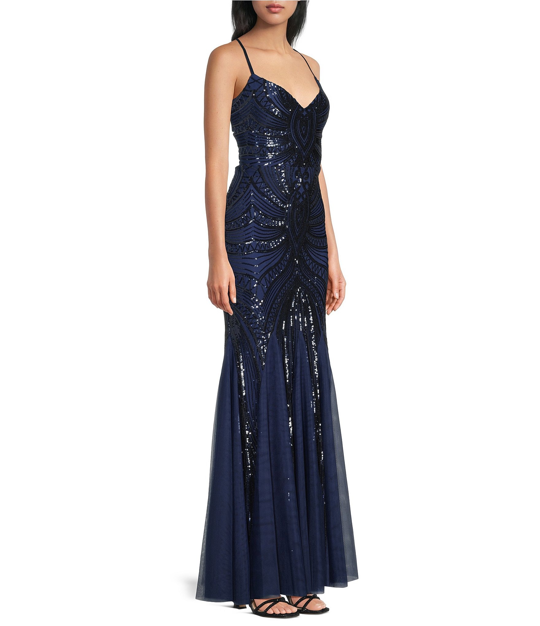 B. Darlin Sequin Sheer/Nude Pattern V-Neck Spaghetti Strap Lace Up Back Dress