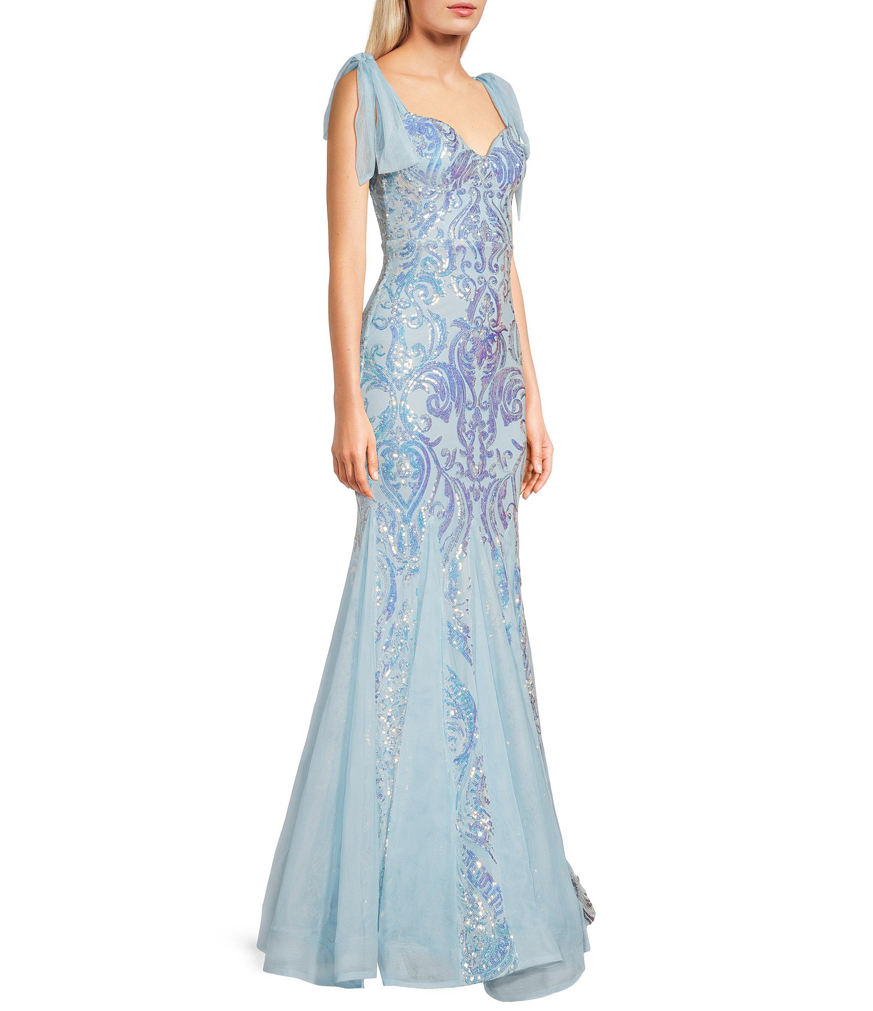 B. Darlin Sequin Pattern V-Neck Tie Shoulder Bustier Dress