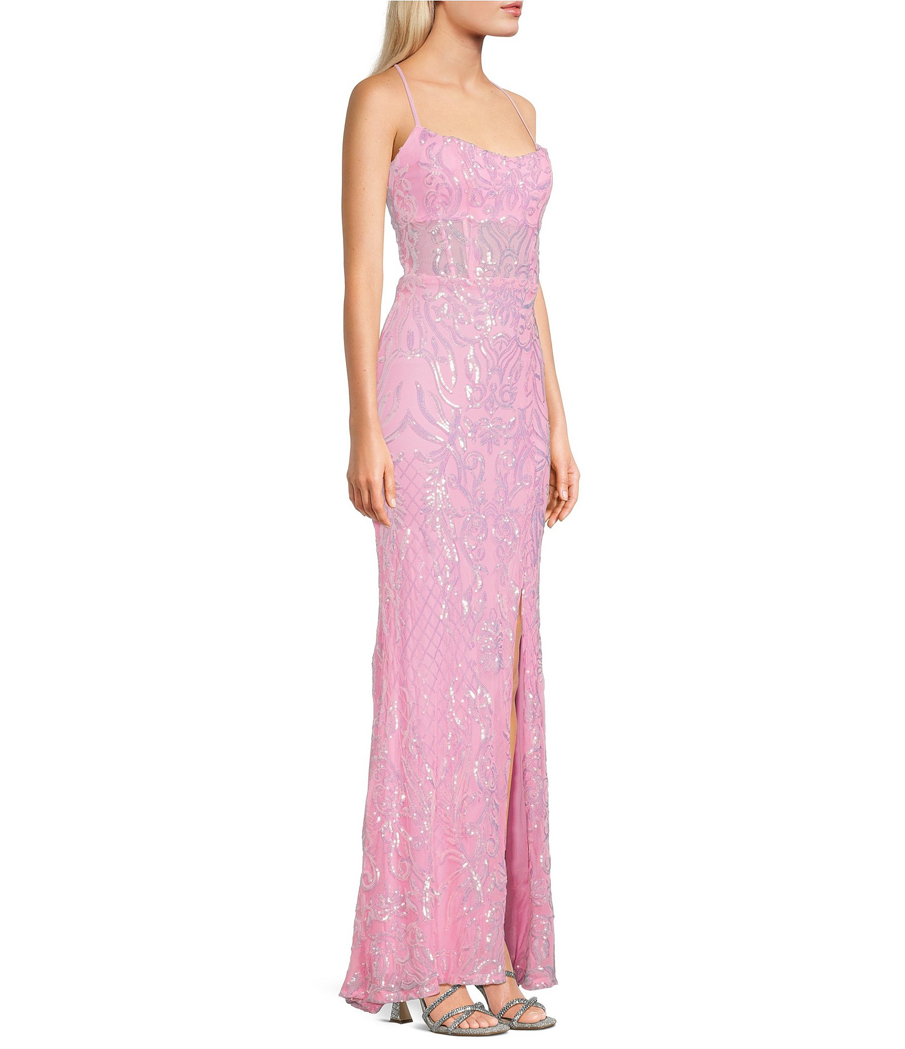 B. Darlin Sequin Patterned Scoop Neck Illusion Bodice Side Slit Lace Up Back Dress