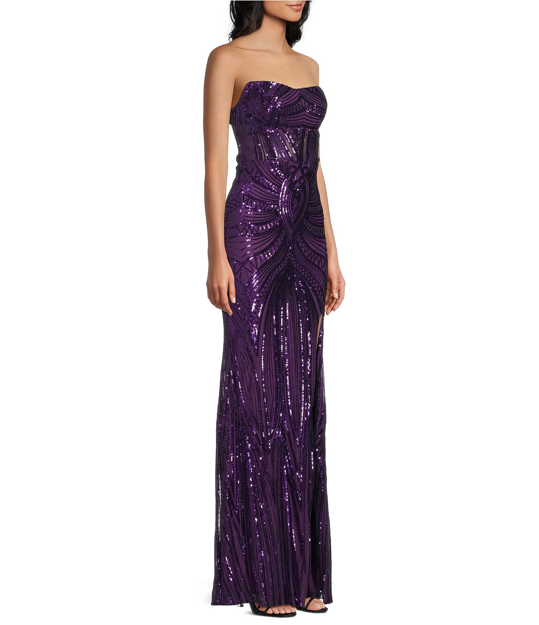 B. Darlin Sequin Patterned Strapless Corseted Lace Up Back Side Slit Dress
