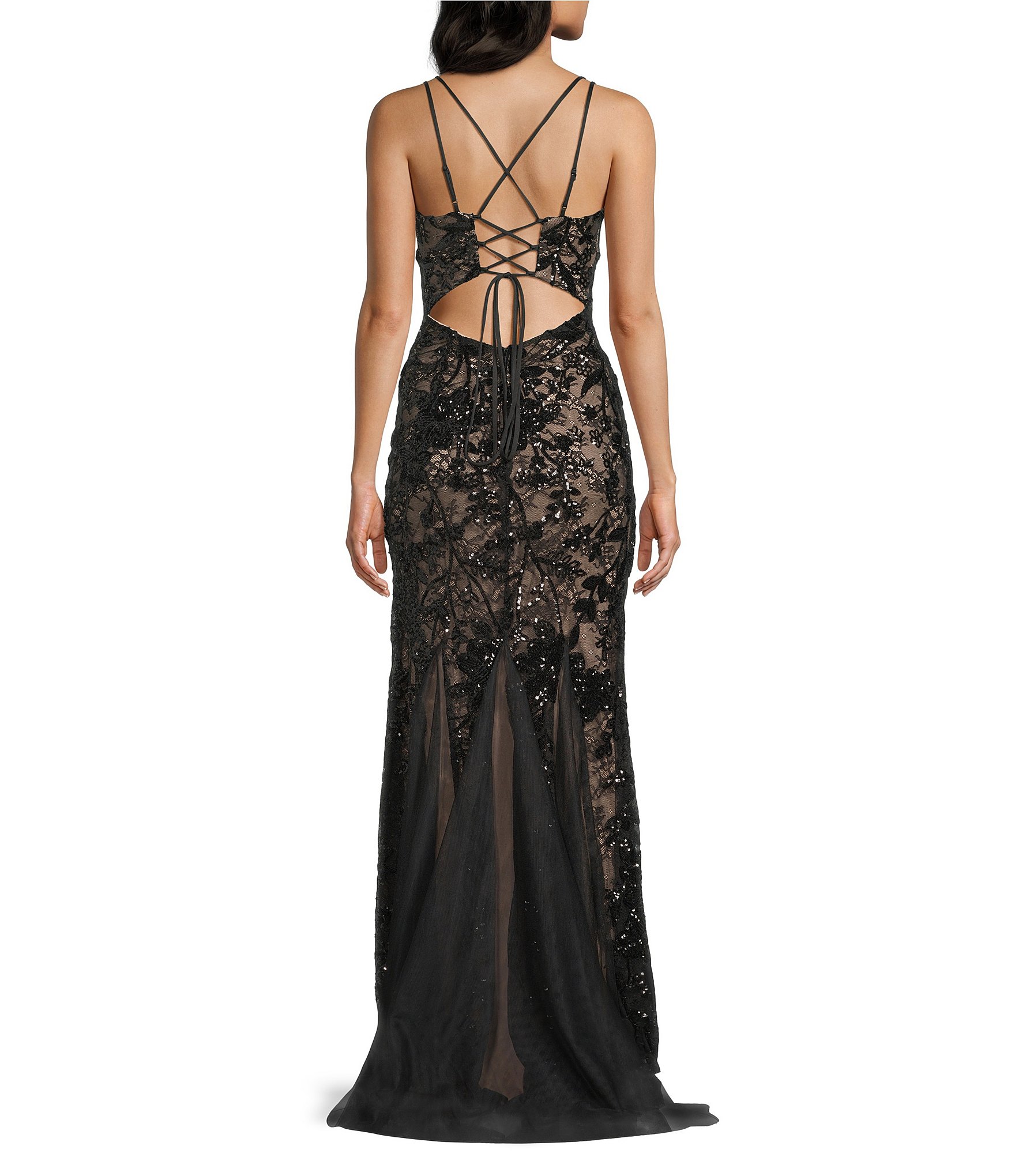 B. Darlin Sequined Lace V-Neck Lace Up Back Dress