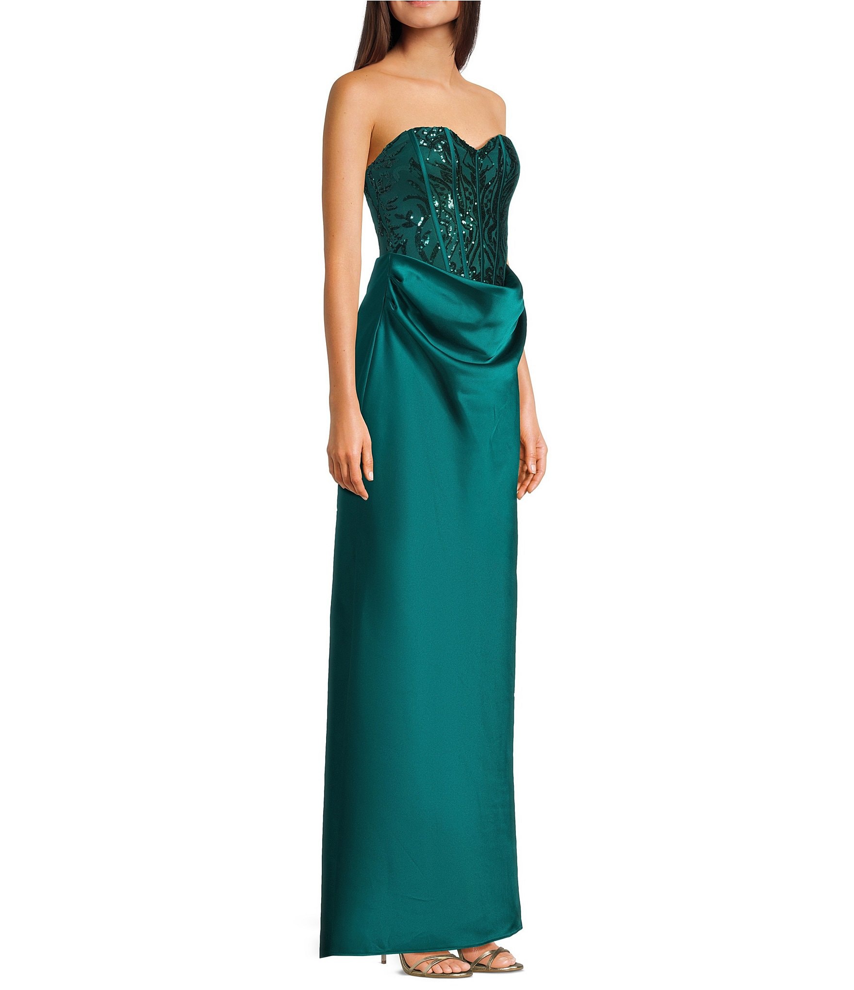B. Darlin Sequined Satin Strapless Corseted Drape Front Godet Dress