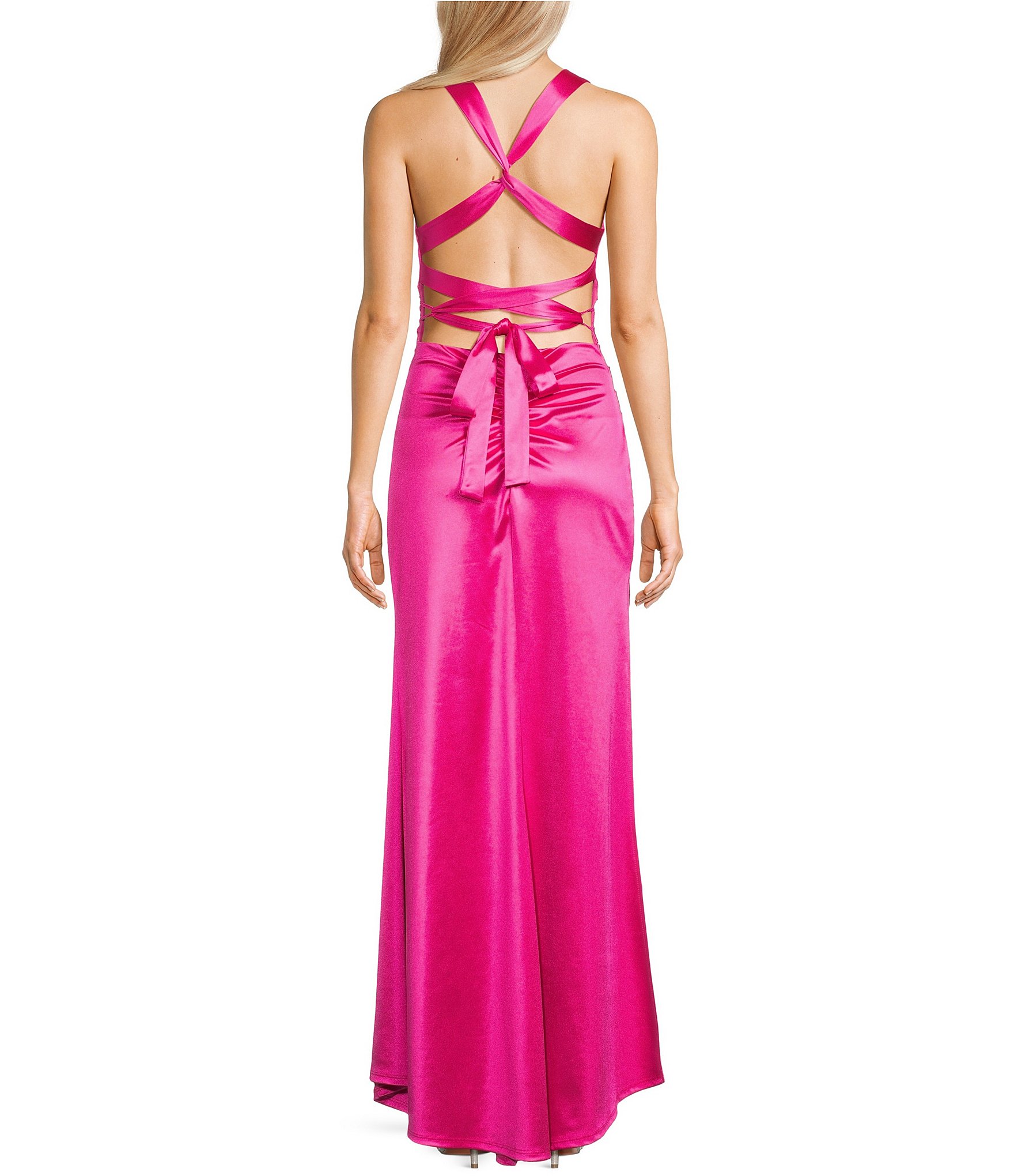 B. Darlin Sleeveless Satin X-Back Long Dress