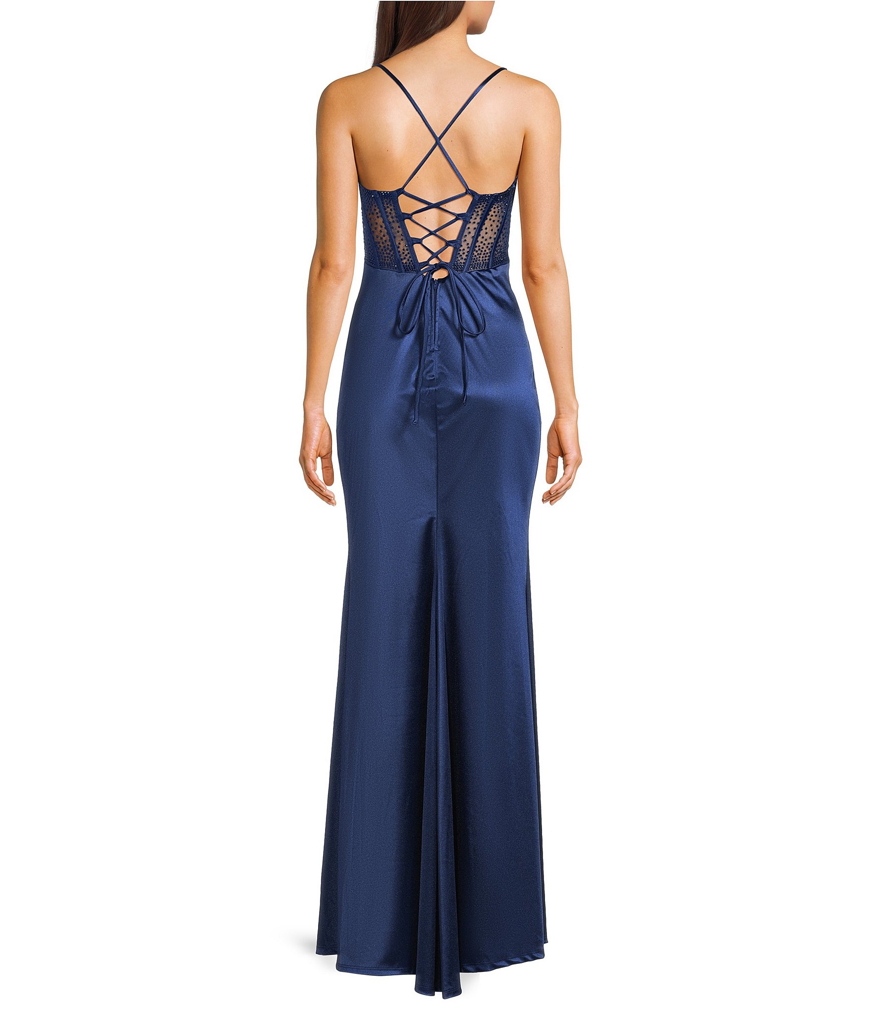 B. Darlin Spaghetti Strap Drape Neck Stones & Lace Up Back Dress