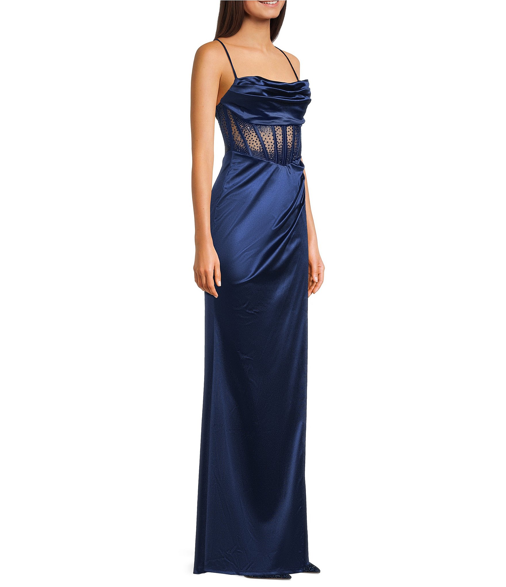 B. Darlin Spaghetti Strap Drape Neck Stones & Lace Up Back Dress