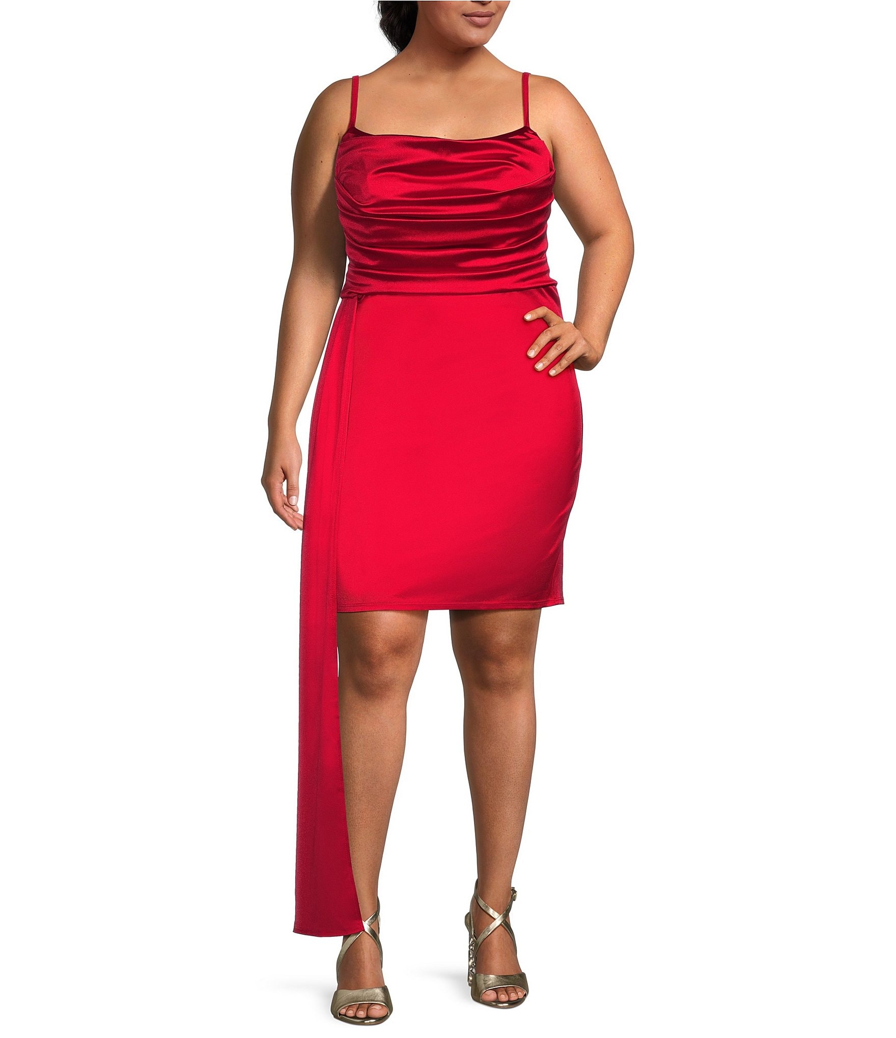 B. Darlin Plus Spaghetti Strap Scoop Neck Satin Side Tail Pleated Bodycon Dress