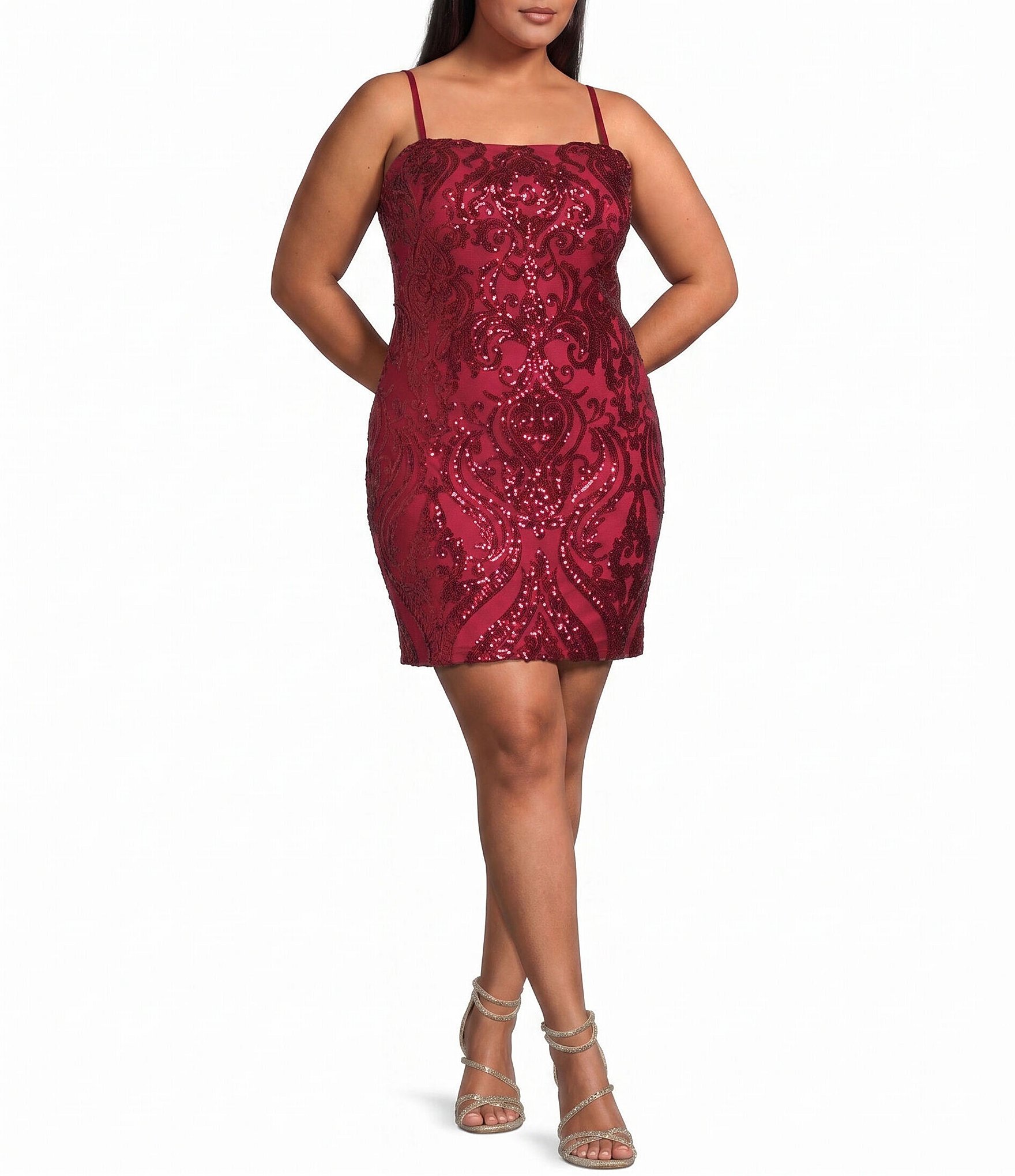 B. Darlin Plus Spaghetti Strap Square Neck Tie Back Sequins Bodycon Dress