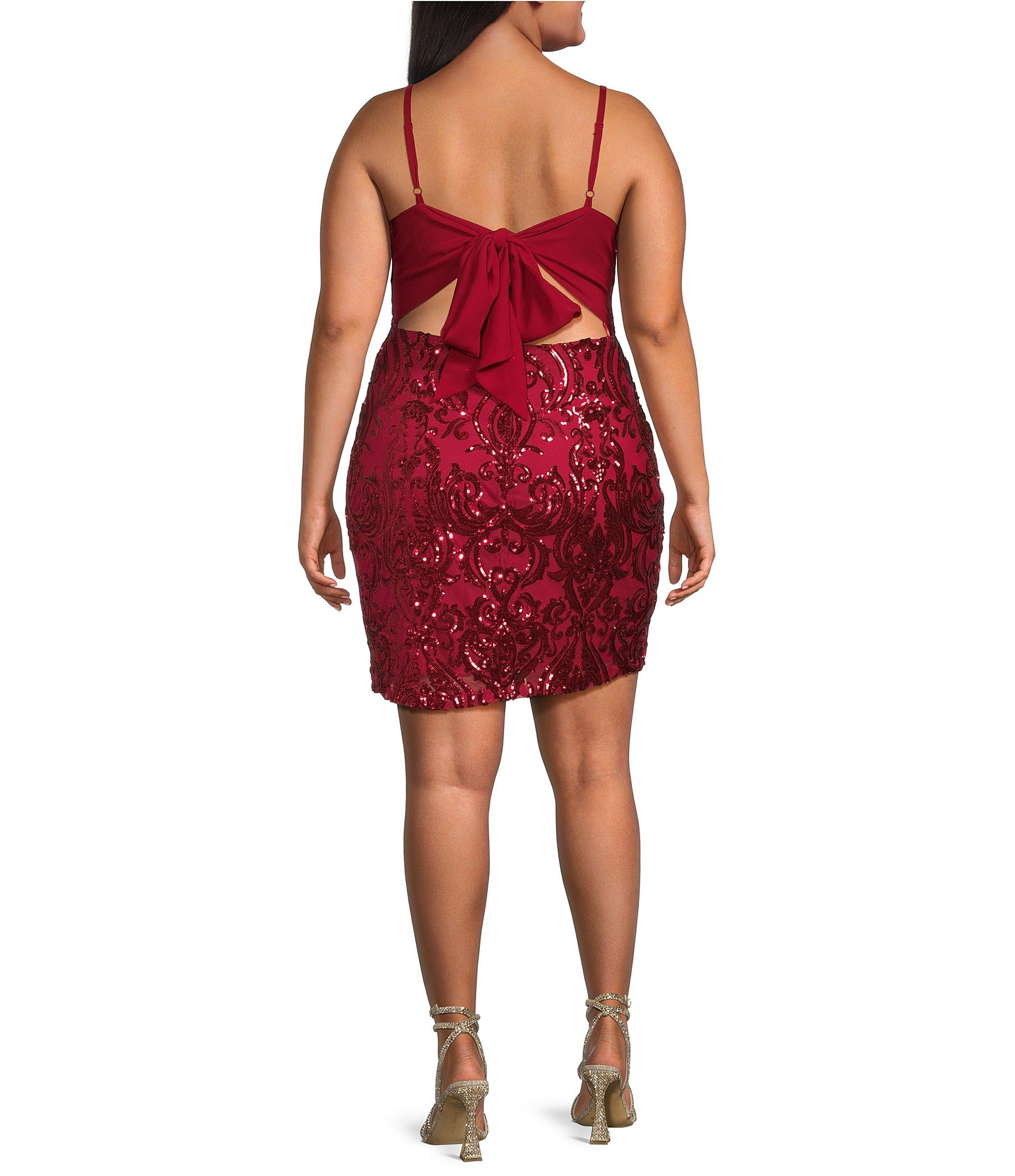 B. Darlin Plus Spaghetti Strap Square Neck Tie Back Sequins Bodycon Dress