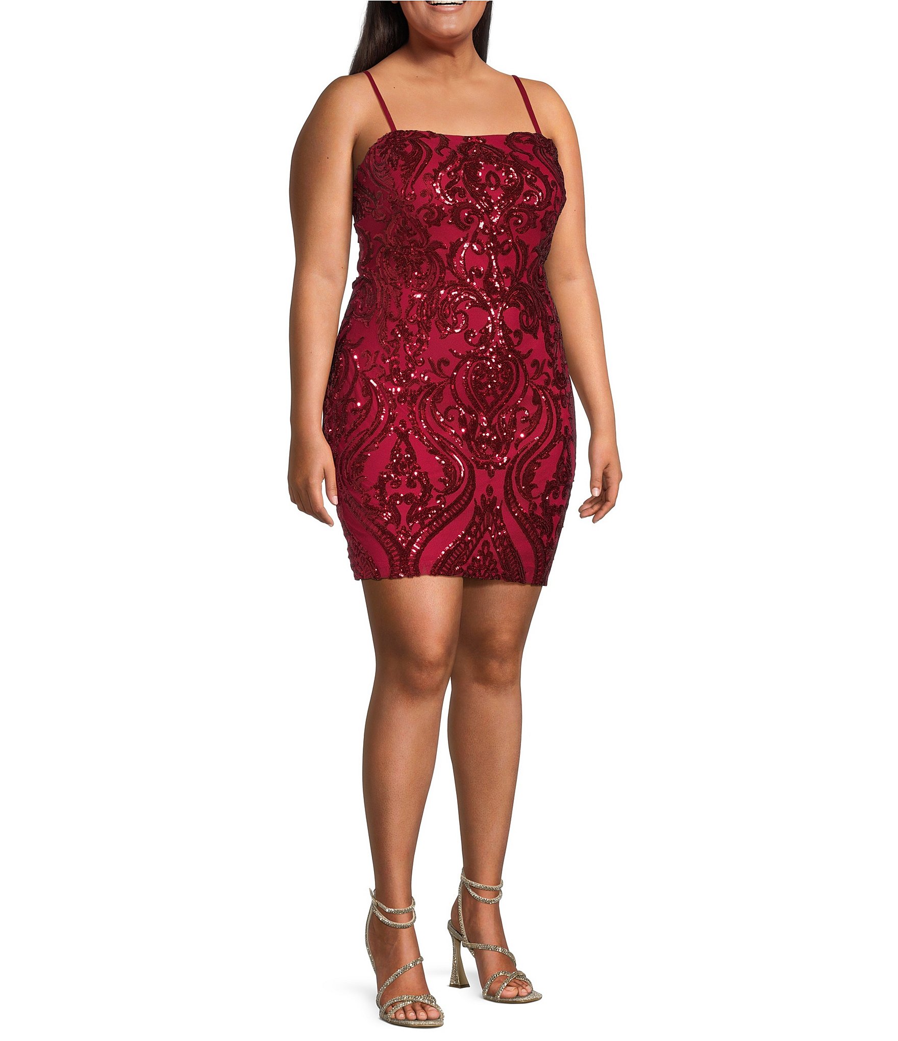 B. Darlin Plus Spaghetti Strap Square Neck Tie Back Sequins Bodycon Dress