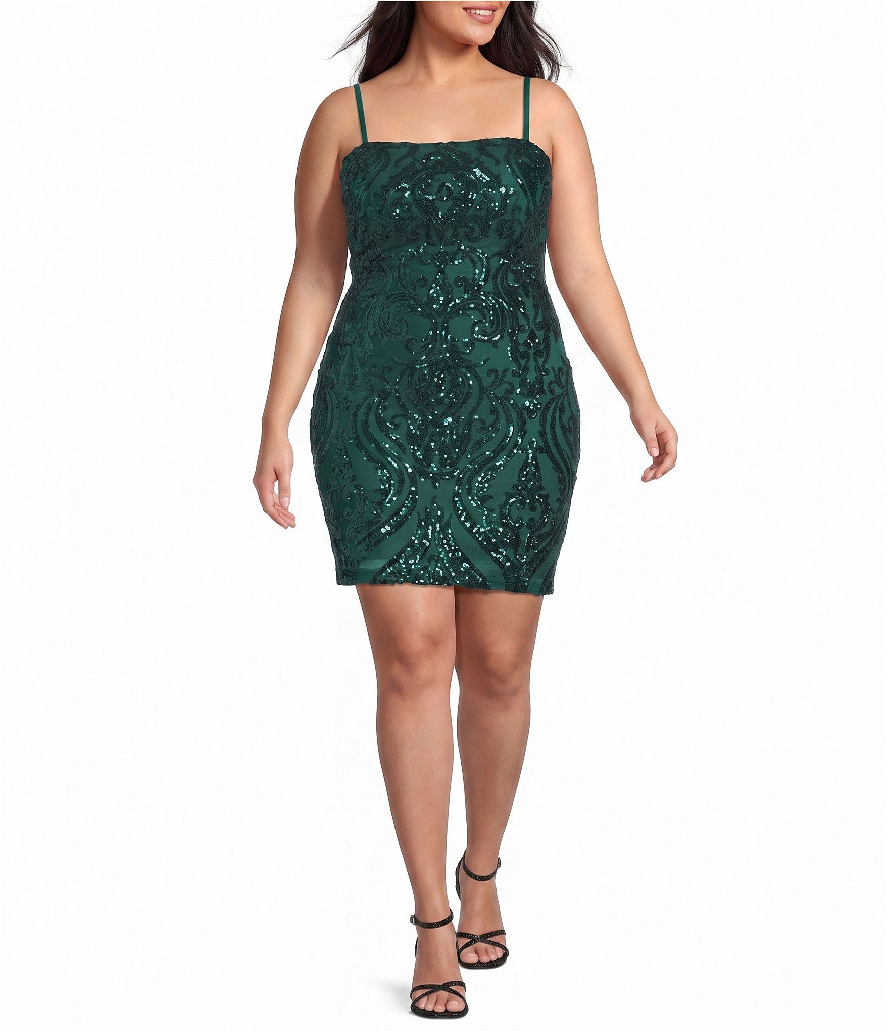 B. Darlin Plus Spaghetti Strap Square Neck Tie Back Sequins Bodycon Dress