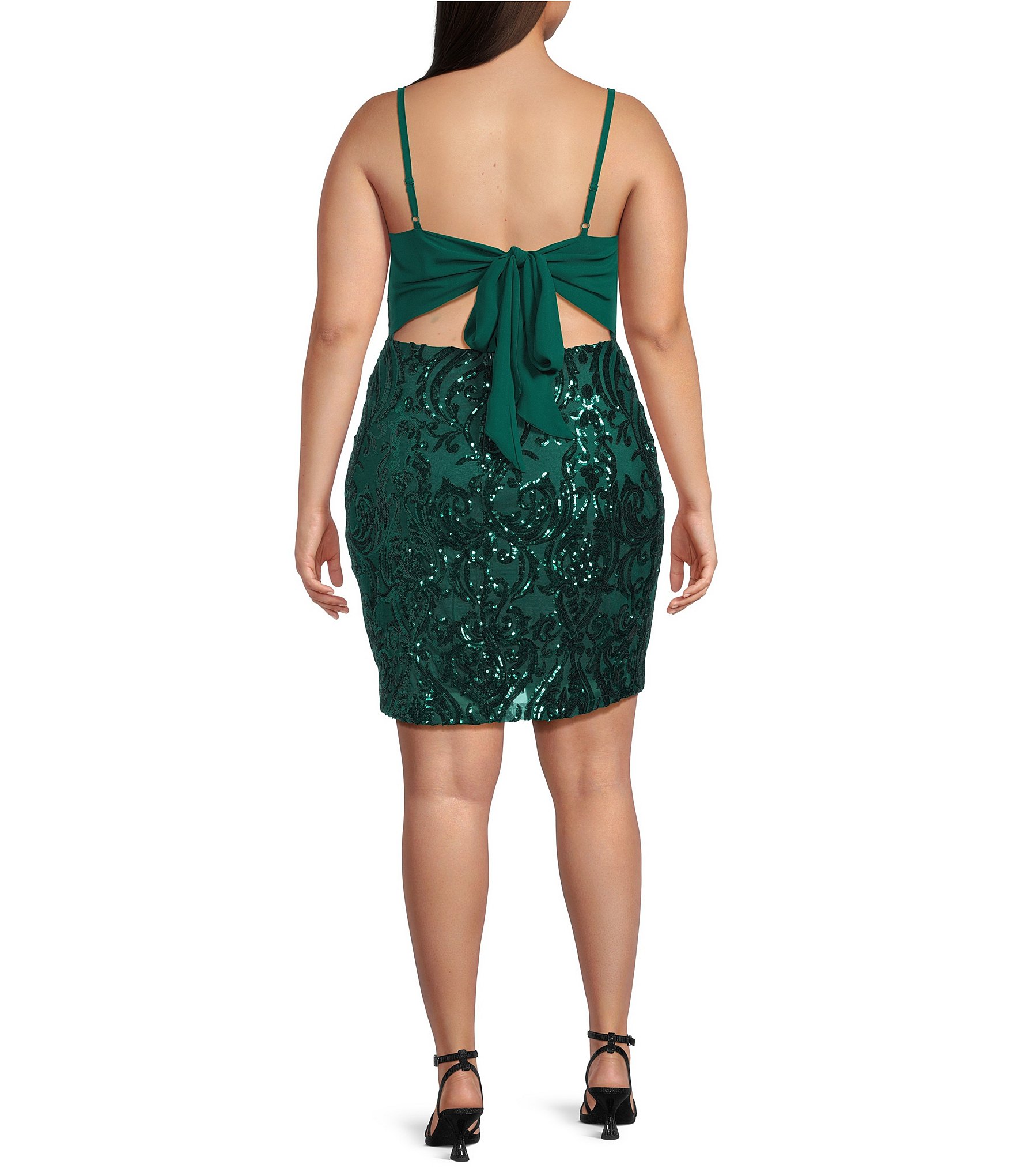 B. Darlin Plus Spaghetti Strap Square Neck Tie Back Sequins Bodycon Dress