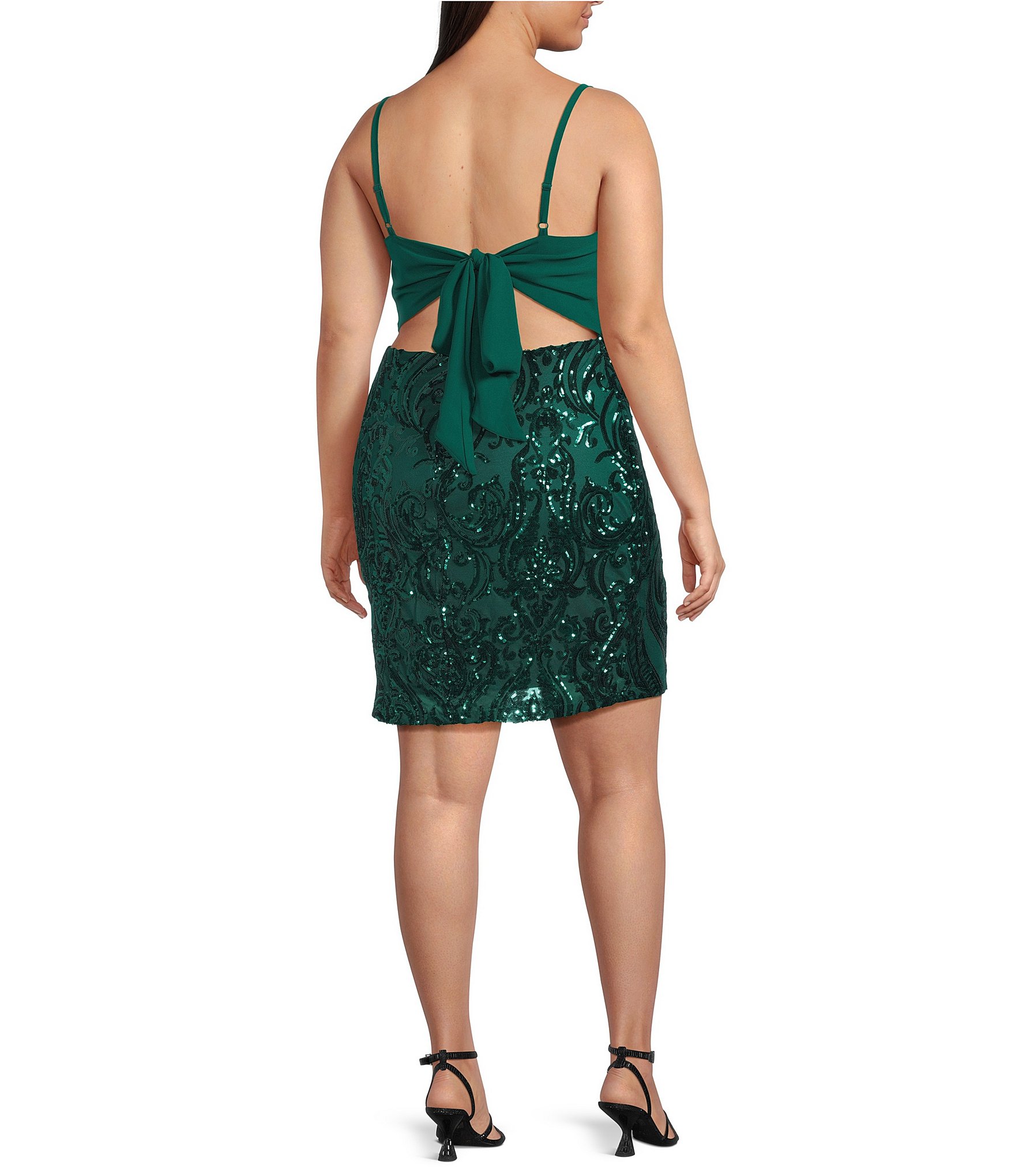 B. Darlin Plus Spaghetti Strap Square Neck Tie Back Sequins Bodycon Dress