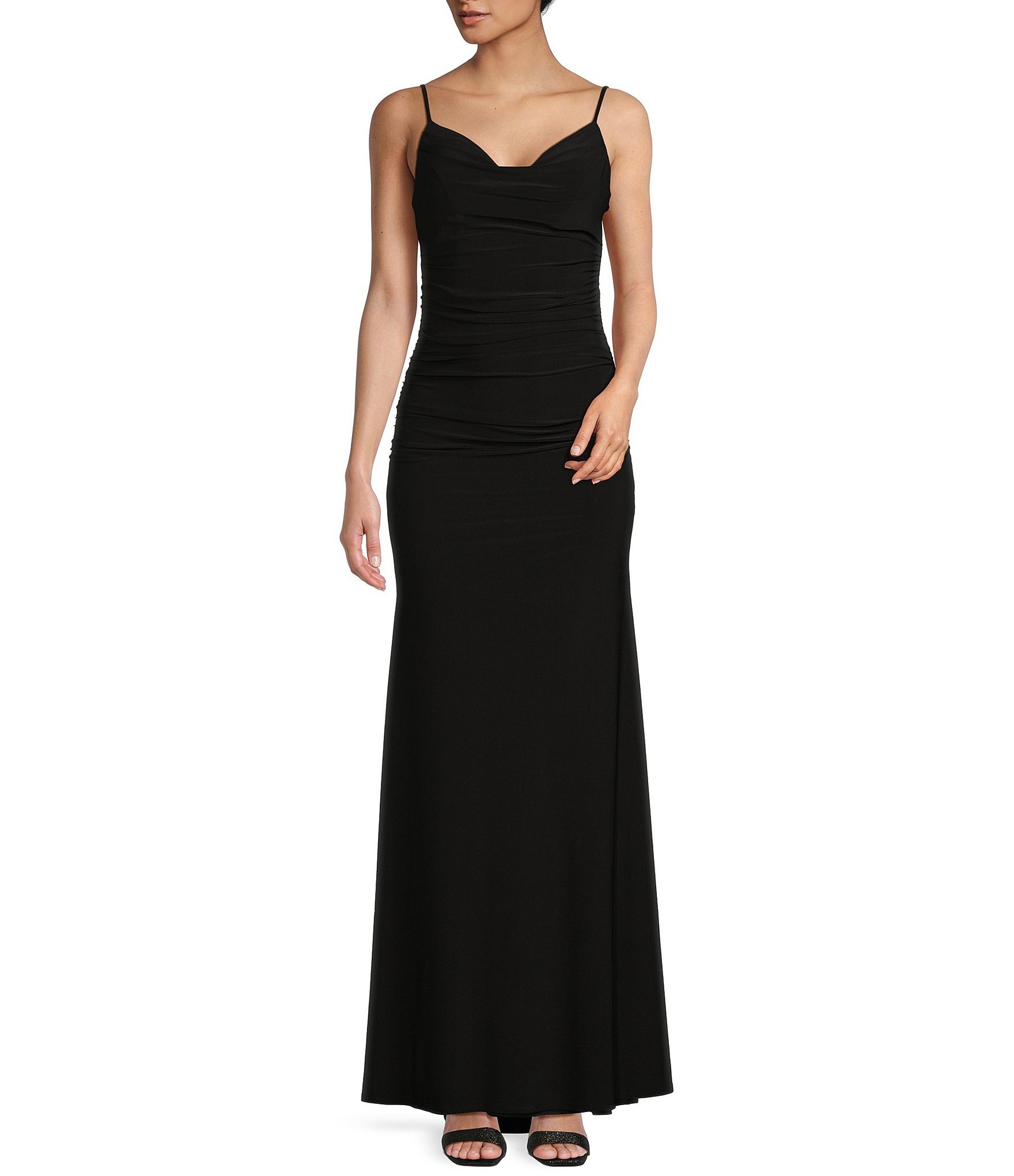 B. Darlin V-Neck Shirred Front Slit Long Satin Dress