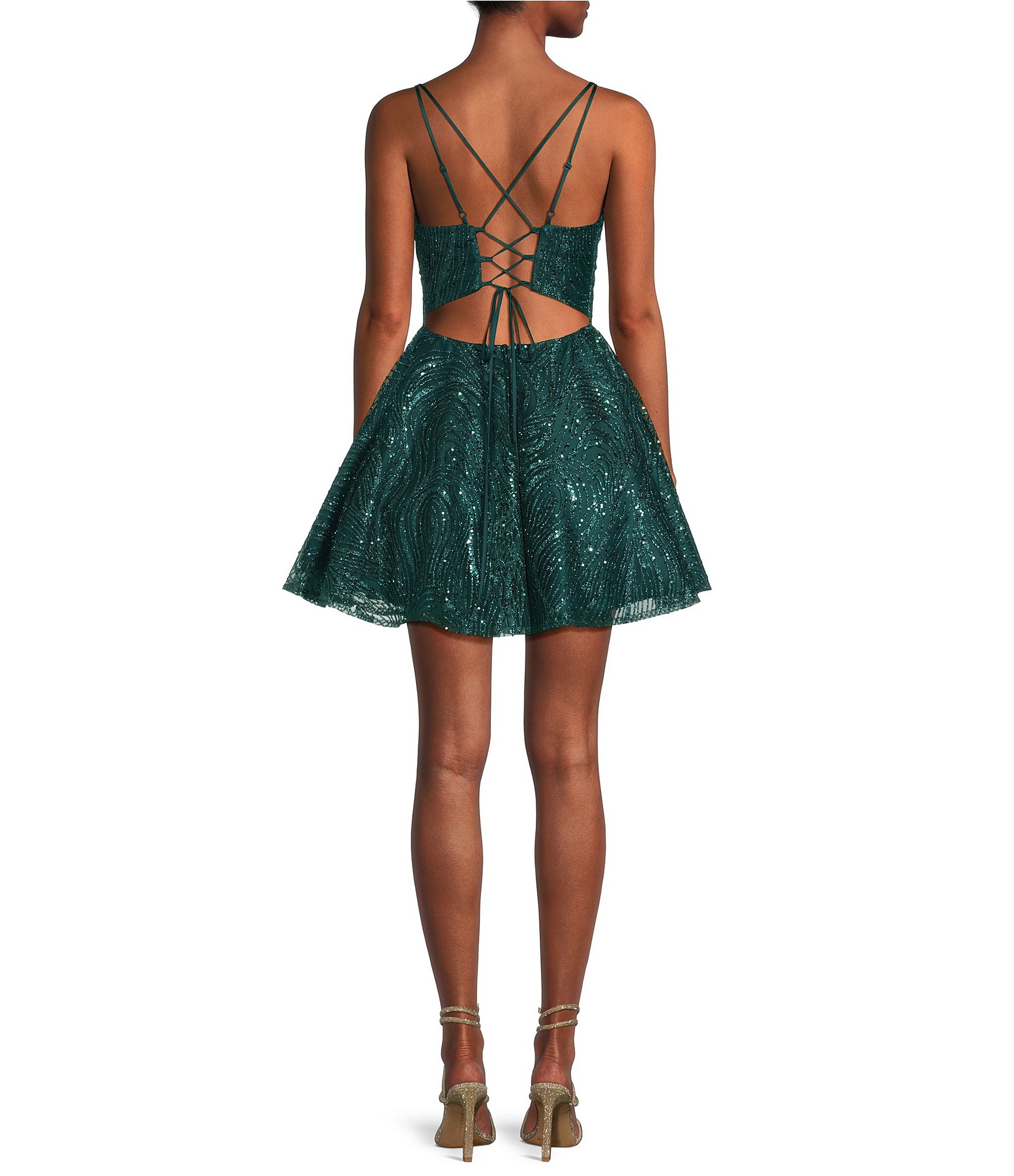 B. Darlin Spaghetti Strap V-Neck Glitter Printed Dress