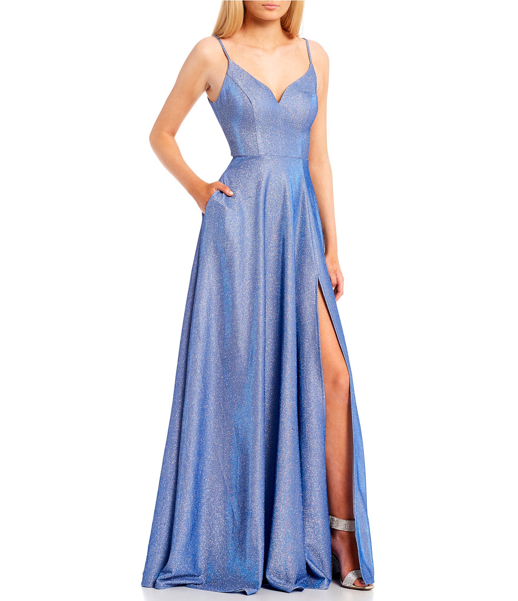 B. Darlin Spaghetti-Strap V-Neck Pleated Skirt Sheri Shine Glitter Ball  Gown | Dillard's