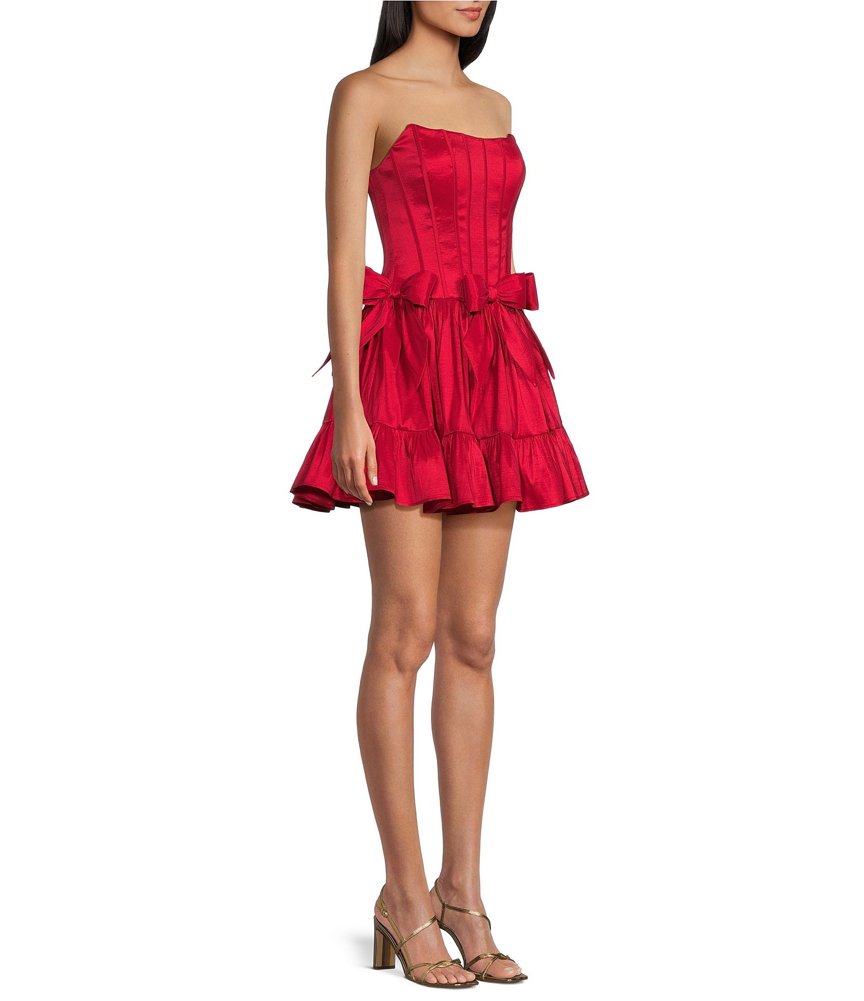 B. Darlin Strapless Corseted Bow Trim Ruffled Dress